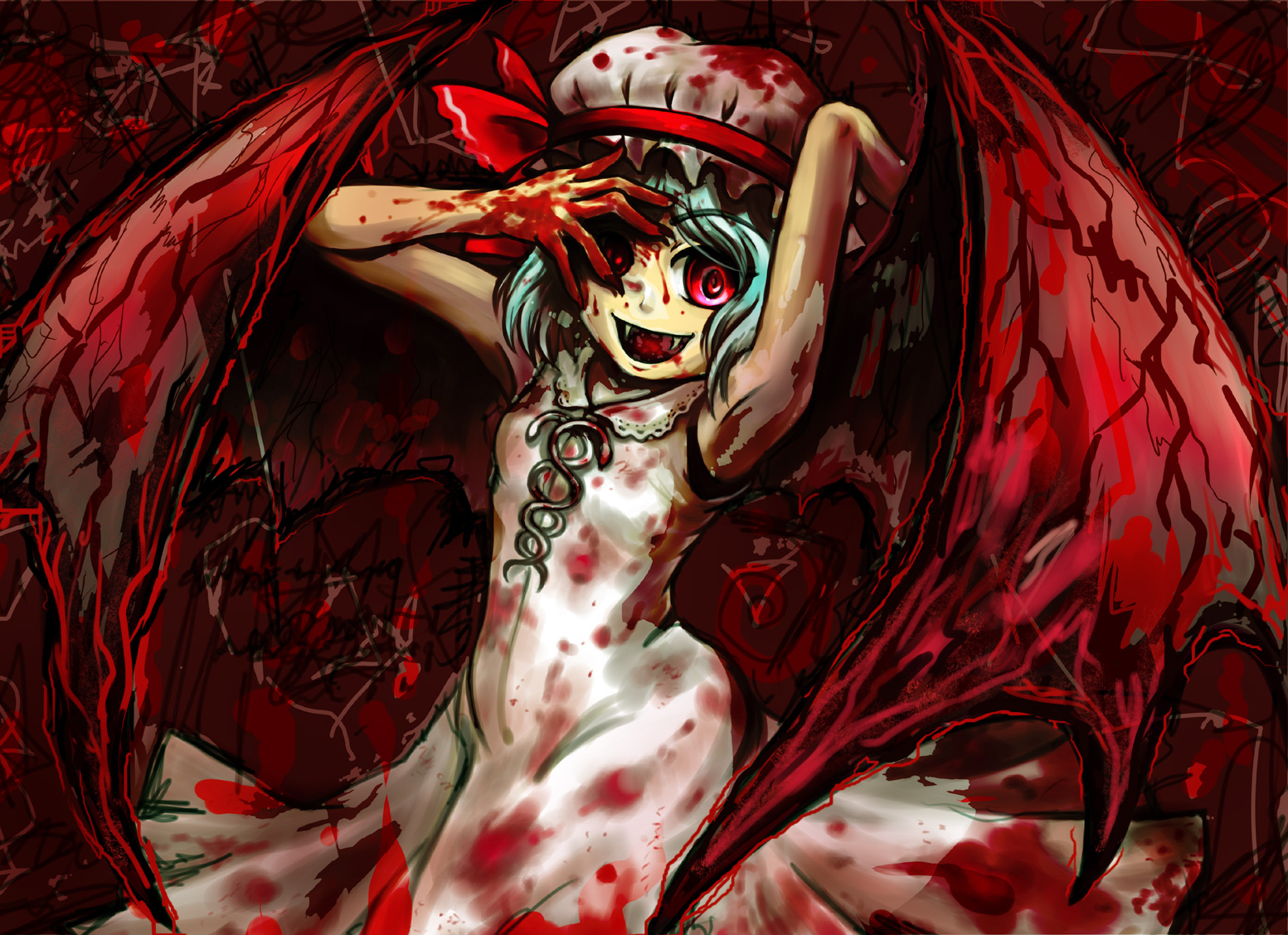 sai-go, remilia scarlet, touhou, bad id, bad pixiv id, 1girl, armpits, bat wings, blood, blue hair, fangs, female focus, hat, red eyes, short hair, solo, wings