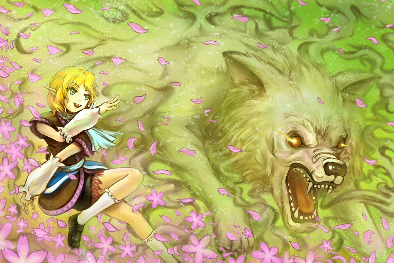 sai-go, mizuhashi parsee, touhou, bad id, bad pixiv id, 1girl, arm warmers, blonde hair, female focus, flower, green eyes, petals, plant, pointy ears, scarf, short hair, solo, wolf