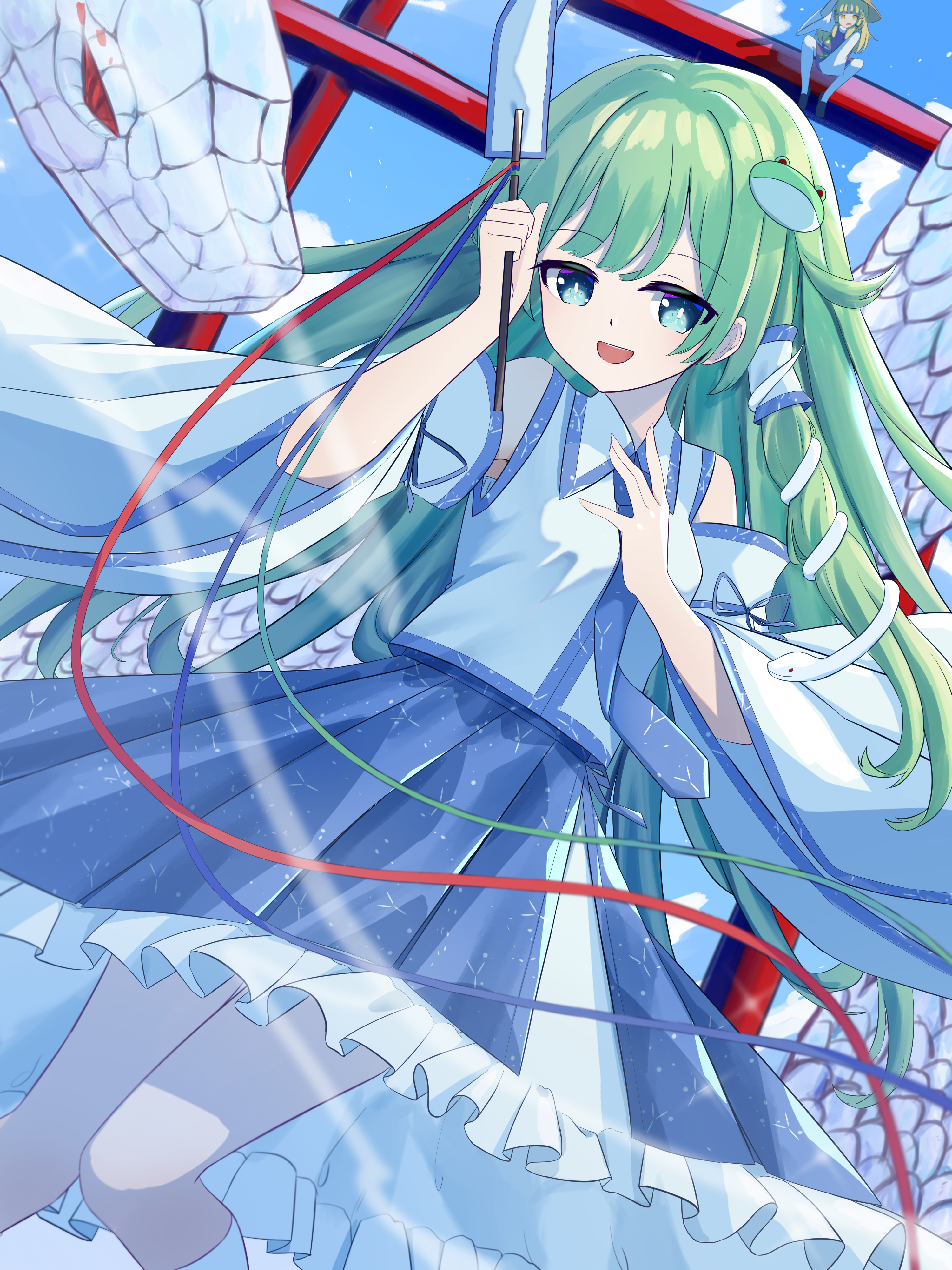 16sanrach, kochiya sanae, mishaguji, moriya suwako, touhou, absurdres, commentary request, highres, 2girls, animal print, blonde hair, blue skirt, blue sky, brown hat, cloud, day, detached sleeves, frilled skirt, frills, frog hair ornament, frog print, gohei, green eyes, green hair, hair ornament, hair tubes, hat, holding, holding gohei, long hair, looking at viewer, multiple girls, open mouth, purple skirt, purple vest, single hair tube, sitting, sitting on torii, skirt, skirt set, sky, smile, snake, snake hair ornament, solo focus, torii, very long hair, vest, white snake, wide sleeves