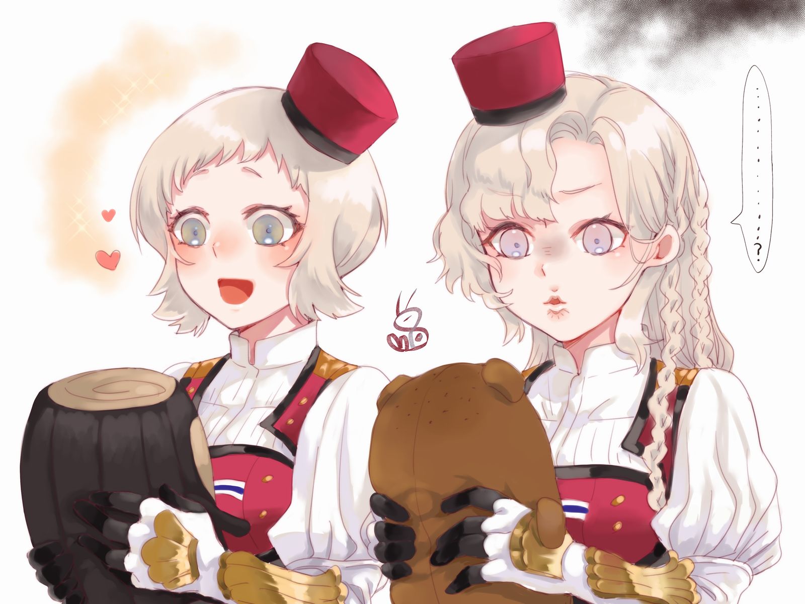 oeoeuhoho, eidsvold (kancolle), norge (kancolle), kantai collection, commentary request, highres, …, …?, 2girls, blonde hair, blue eyes, blush, bokukawauso, braid, gloves, hat, heart, holding, holding stuffed toy, long hair, mini hat, multiple girls, open mouth, puckered lips, purple eyes, red hat, short hair, side braid, simple background, smoke, sparkle, spoken ellipsis, stuffed animal, stuffed toy, upper body, white background