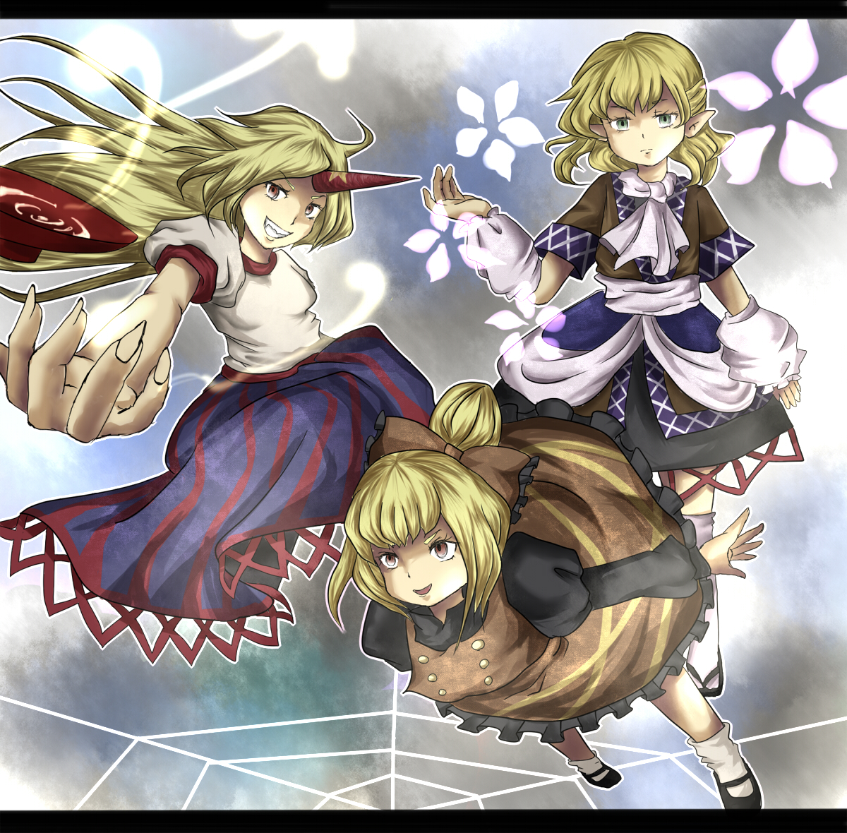 namu (artist), namuko, hoshiguma yuugi, kurodani yamame, mizuhashi parsee, touhou, 3girls, arm warmers, blonde hair, female focus, green eyes, horns, long hair, multiple girls, pointy ears, red eyes, scarf, short hair, silk, single horn, spider web
