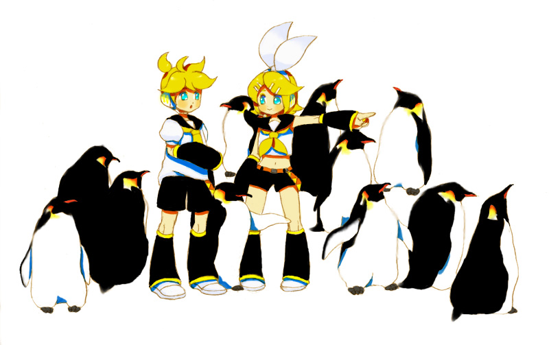 goruti, kagamine len, kagamine rin, vocaloid, bad id, bad pixiv id, 1boy, 1girl, animal, aqua eyes, bird, blonde hair, brother and sister, hair ornament, hair ribbon, hairclip, headphones, midriff, necktie, penguin, ribbon, short hair, shorts, siblings, simple background, smile, twins