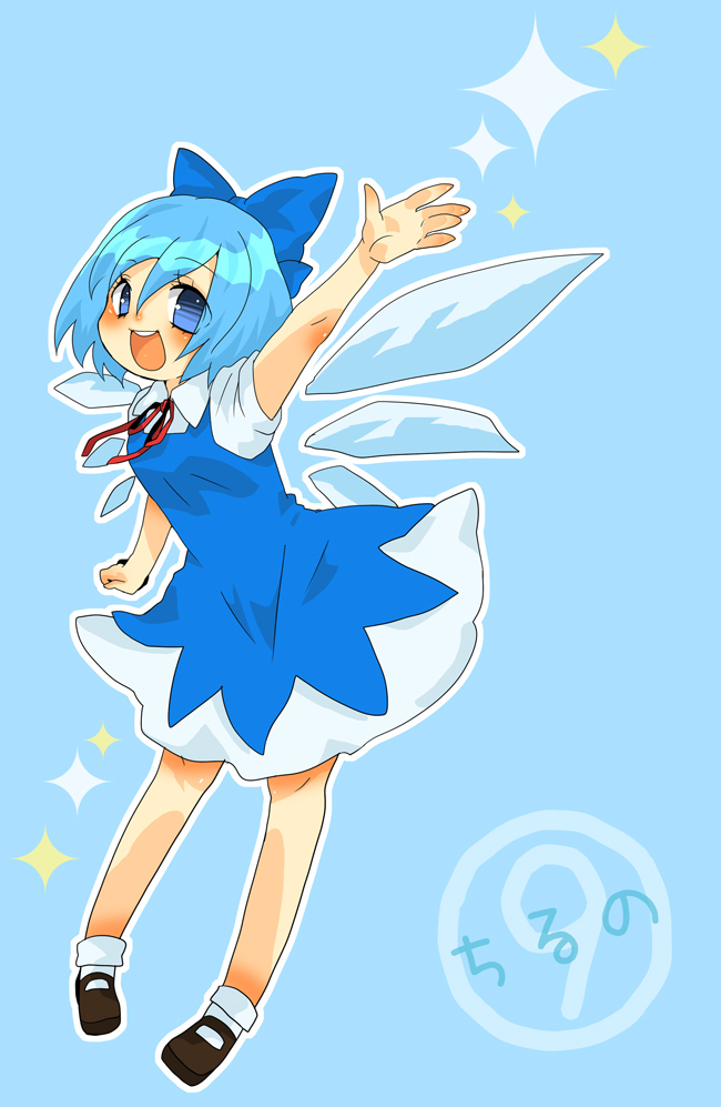 enuoka, cirno, phantasmagoria of flower view, touhou, blue eyes, blue hair, bow, circled 9, short hair, solo, wings