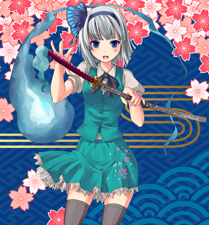 unasaka ryou, konpaku youmu, konpaku youmu (ghost), touhou, silver hair, 1girl, blue eyes, female focus, flower, ghost, hairband, katana, plant, sheath, sheathed, short hair, skirt, solo, sword, thighhighs, weapon