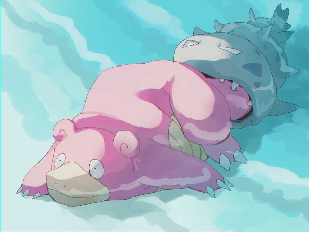 fusenryo, slowbro, nintendo, pokemon, commentary request, animal focus, biting another's tail, claws, closed mouth, fangs, full body, gen 1 pokemon, no humans, open mouth, pokemon (creature), pokemon focus, solo, tail, water