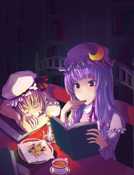unasaka ryou, flandre scarlet, patchouli knowledge, embodiment of scarlet devil, touhou, 2girls, blonde hair, book, checkerboard cookie, cookie, cup, eating, female focus, food, hat, long hair, multiple girls, ponytail, purple eyes, purple hair, short hair, side ponytail, sitting, sleeping, tea, teacup, thumbprint cookie