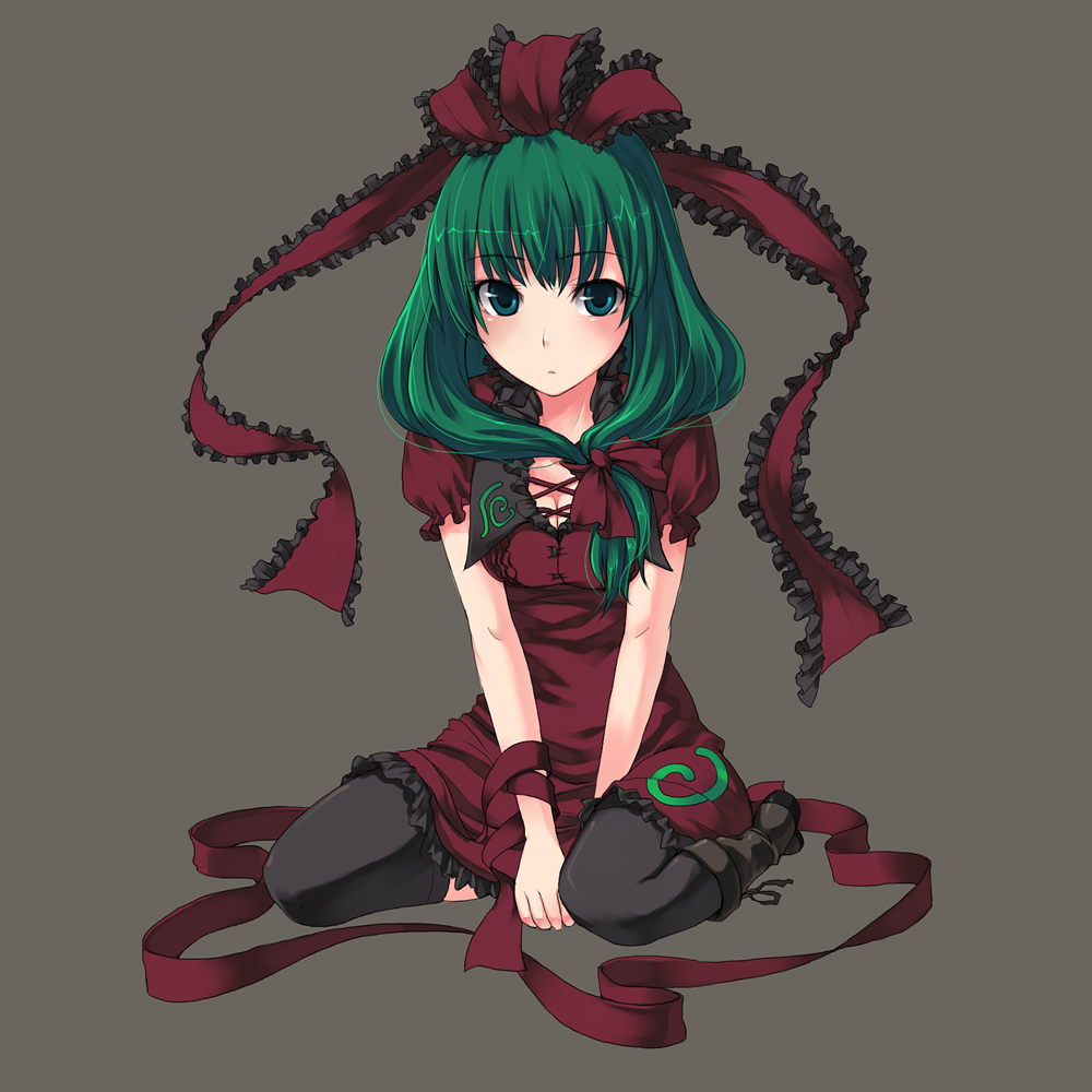 unasaka ryou, kagiyama hina, touhou, 1girl, boots, dress, female focus, front ponytail, green eyes, green hair, hair ribbon, matching hair/eyes, ribbon, short hair, solo, thighhighs