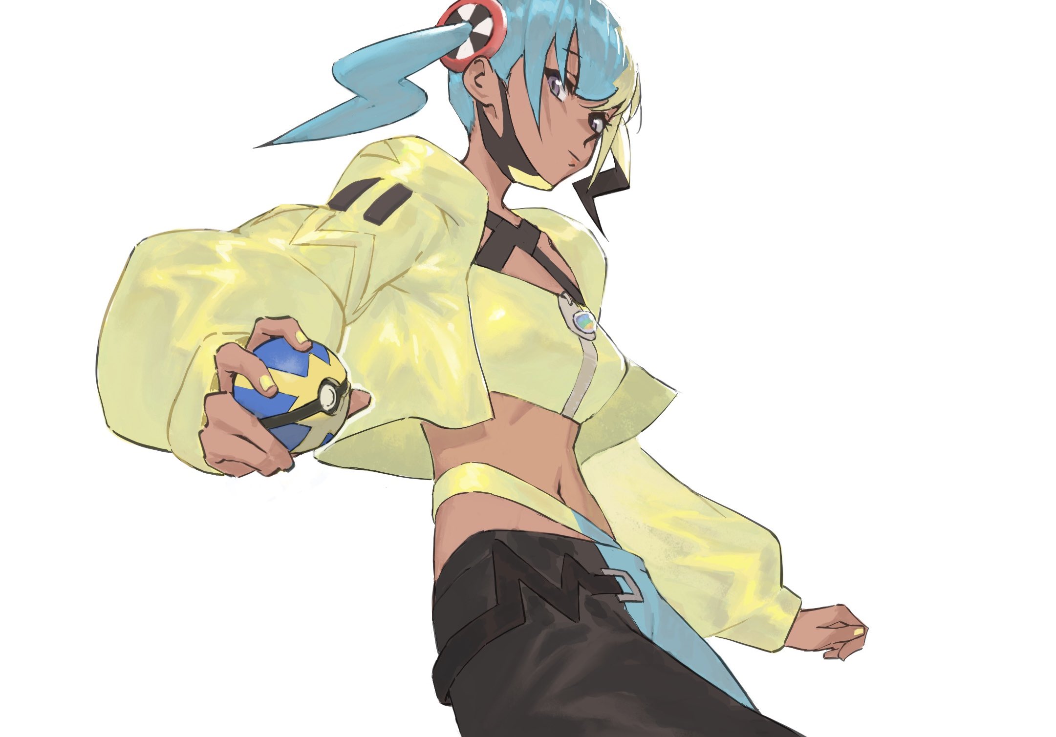 psylduck, canari (pokemon), nintendo, pokemon, pokemon legends: z-a, highres, 1girl, aqua hair, bandeau, belt, black belt, black mask, blonde hair, blue eyes, breasts, closed mouth, criss-cross straps, dark-skinned female, dark skin, holding, holding poke ball, jacket, long sleeves, looking at viewer, mask, mask pull, mega stone, mouth mask, multicolored hair, navel, pants, poke ball, quick ball, short twintails, simple background, solo, split-color hair, sports bra, twintails, two-tone hair, two-tone mask, two-tone pants, white background, yellow bandeau, yellow jacket, yellow mask, yellow nails, yellow sports bra