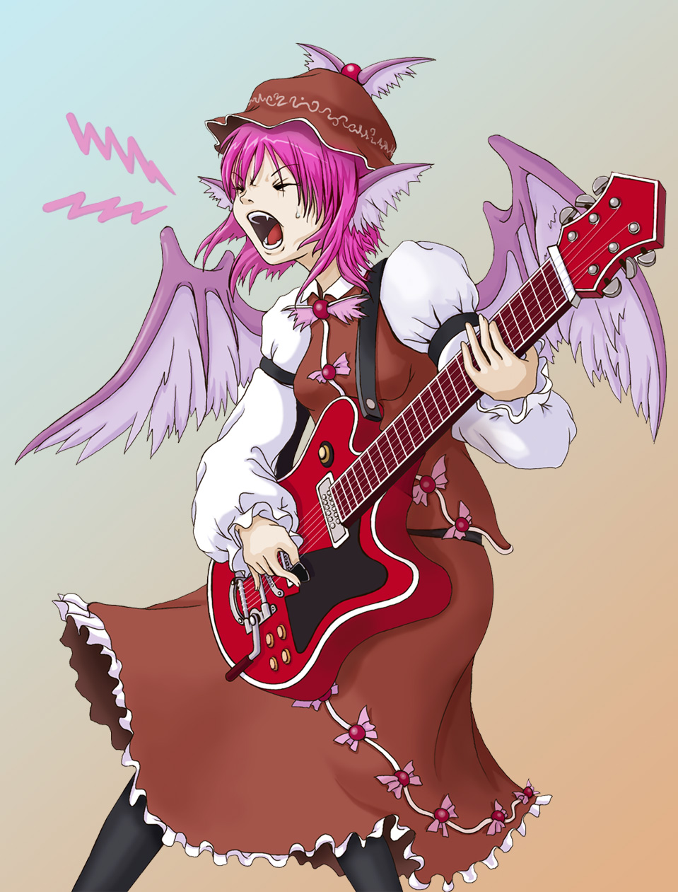sai-go, mystia lorelei, touhou, bad id, bad pixiv id, highres, 1girl, animal ears, female focus, gradient background, guitar, hat, instrument, lps(guitar), pantyhose, pink hair, short hair, solo, standing, wings