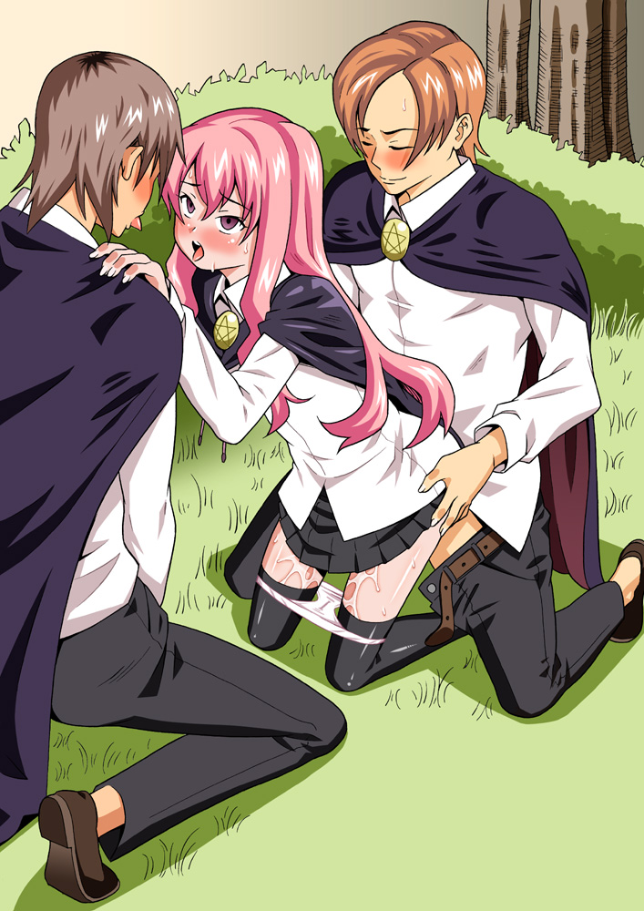 louise francoise le blanc de la valliere, zero no tsukaima, drain, 00s, 1girl, 2boys, black thighhighs, blouse, blush, brooch, brown hair, cape, closed eyes, clothed sex, doggystyle, group sex, jewelry, kneeling, leaning forward, loafers, long hair, miniskirt, multiple boys, open mouth, orange hair, outdoors, panties, panty pull, pink hair, public indecency, purple eyes, pussy juice, rape, sex, sex from behind, shirt, shoes, short hair, skirt, thighhighs, tongue, tongue out, underwear, white panties, zettai ryouiki