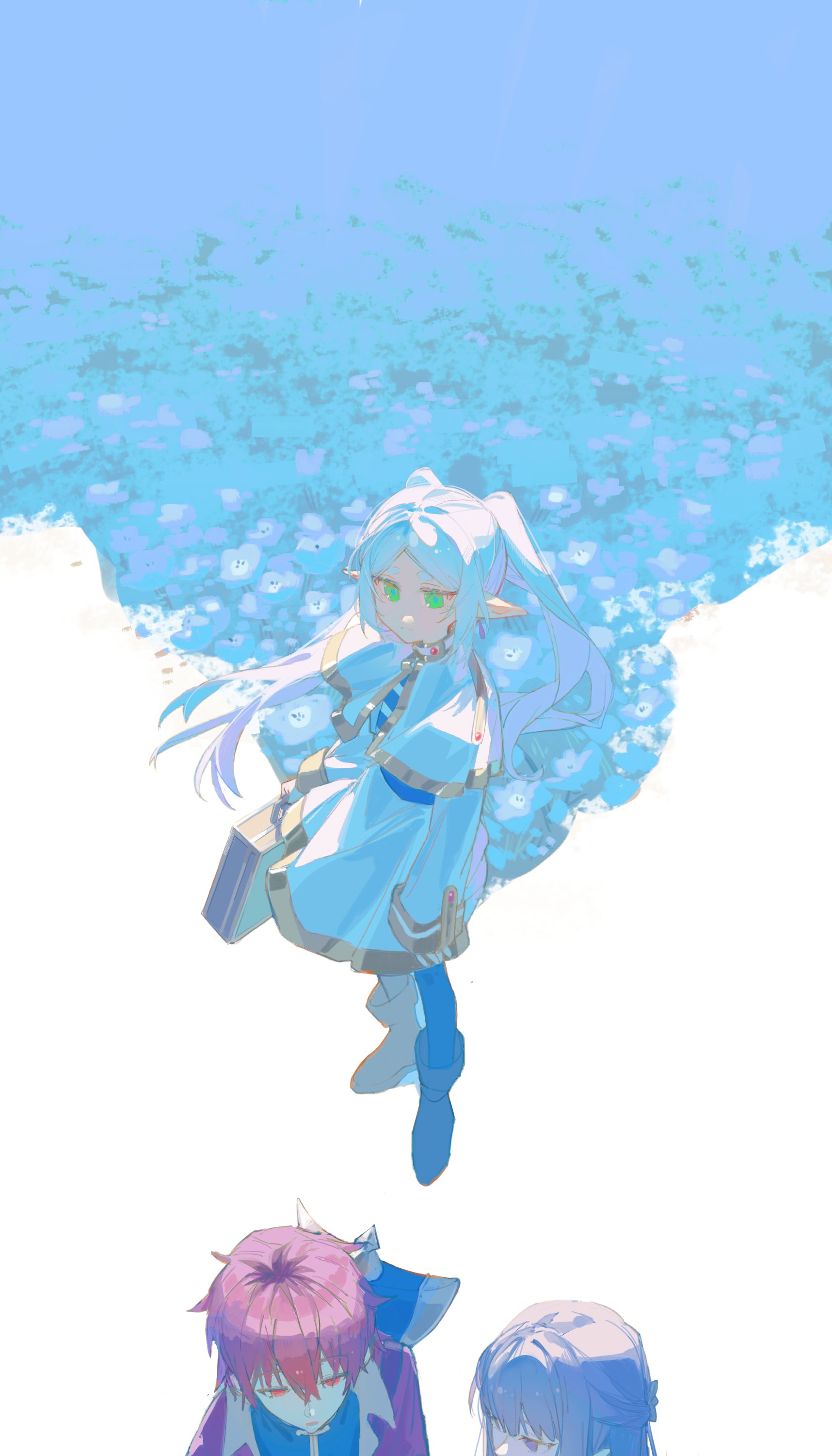 kurattes, fern (sousou no frieren), frieren, stark (sousou no frieren), sousou no frieren, absurdres, hashtag-only commentary, highres, 1boy, 2girls, axe, blue flower, blunt bangs, boots, capelet, earrings, elf, flower, green eyes, grey hair, holding, holding axe, holding suitcase, jewelry, long hair, long sleeves, multiple girls, parted bangs, pointy ears, purple hair, red hair, shirt, skirt, suitcase, teardrop earrings, twintails, white capelet, white hair, white shirt, white skirt