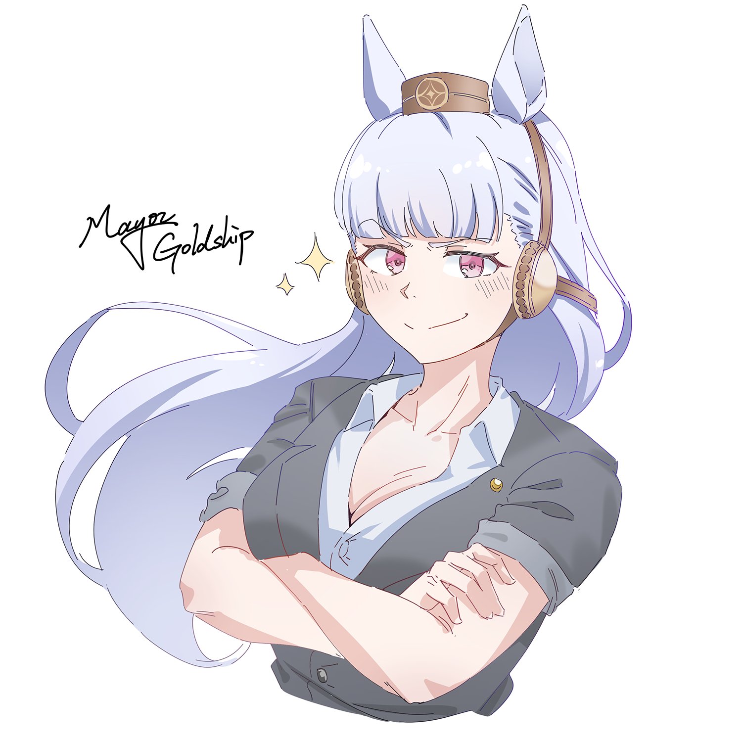 yirga, gold ship (umamusume), umamusume, commentary, english commentary, highres, 1girl, animal ears, black jacket, blunt bangs, bow, breasts, brown hat, cleavage, closed mouth, collarbone, cropped torso, crossed arms, grey hair, hat, horse ears, horse girl, jacket, long hair, looking at viewer, medium breasts, pillbox hat, purple eyes, shirt, short sleeves, simple background, smile, solo, sparkle, white background, white shirt