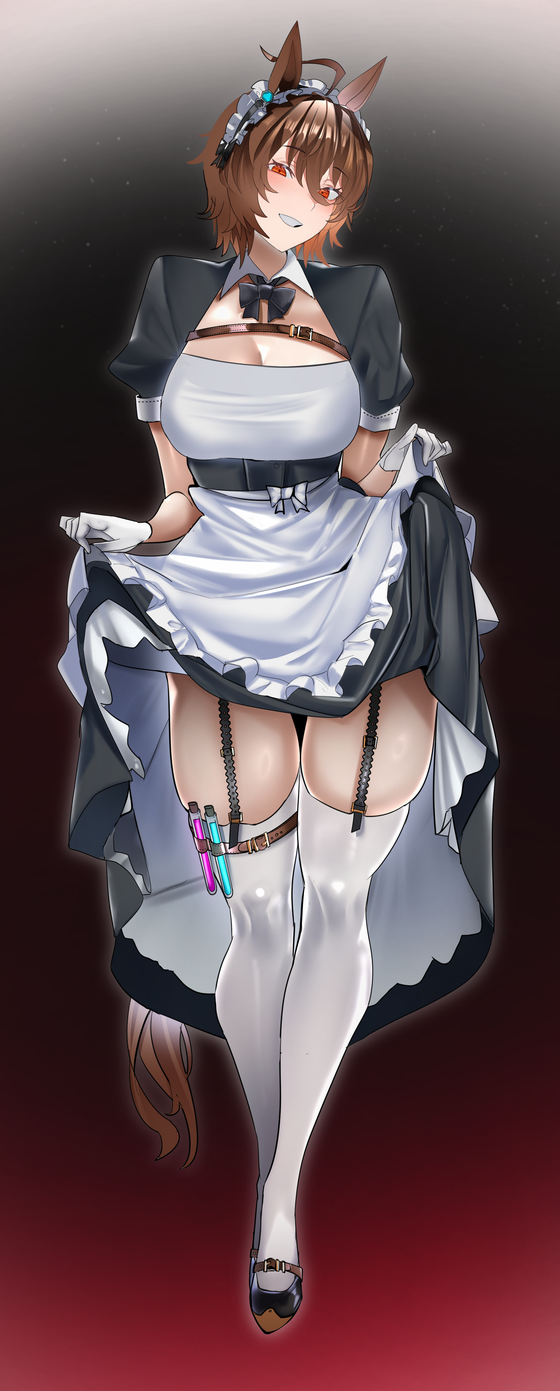 jitome no tsugumi, agnes tachyon (umamusume), umamusume, absurdres, commentary request, highres, 1girl, ahoge, animal ears, apron, black bow, black bowtie, black dress, blush, bow, bowtie, breasts, brown hair, chemical structure, cleavage, clothes lift, dress, dress lift, earrings, full body, garter straps, gloves, grin, hair between eyes, horse ears, horse girl, horse tail, jewelry, large breasts, looking at viewer, maid, maid apron, maid headdress, medium hair, open mouth, red eyes, short sleeves, single earring, smile, solo, tail, teeth, test tube, thigh strap, thighhighs, white apron, white gloves, white headdress, white thighhighs