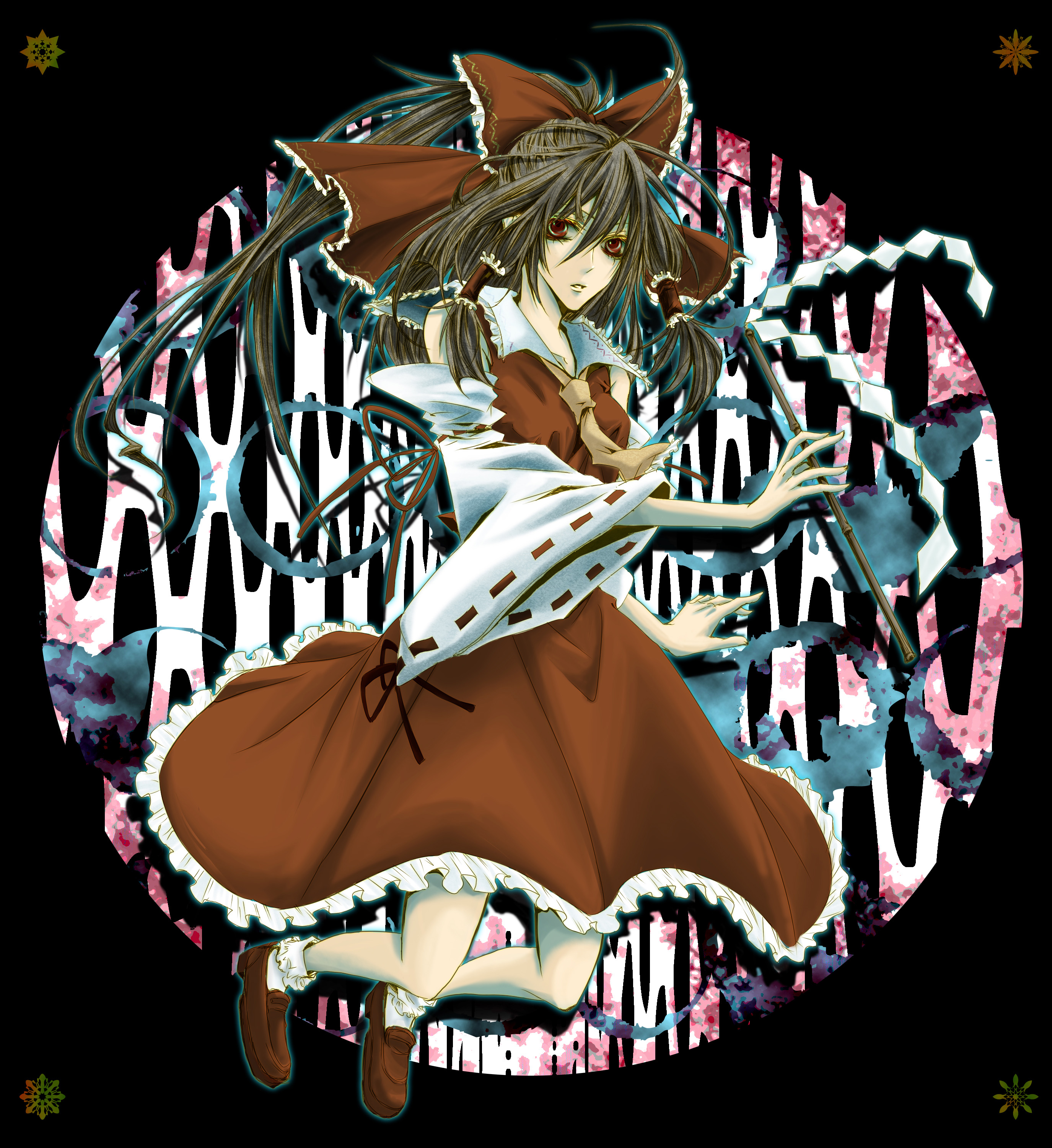 fake (lose), hakurei reimu, touhou, absurdres, bad id, bad pixiv id, highres, 1girl, bow, brown hair, detached sleeves, female focus, full body, gohei, japanese clothes, miko, red eyes, short hair, solo
