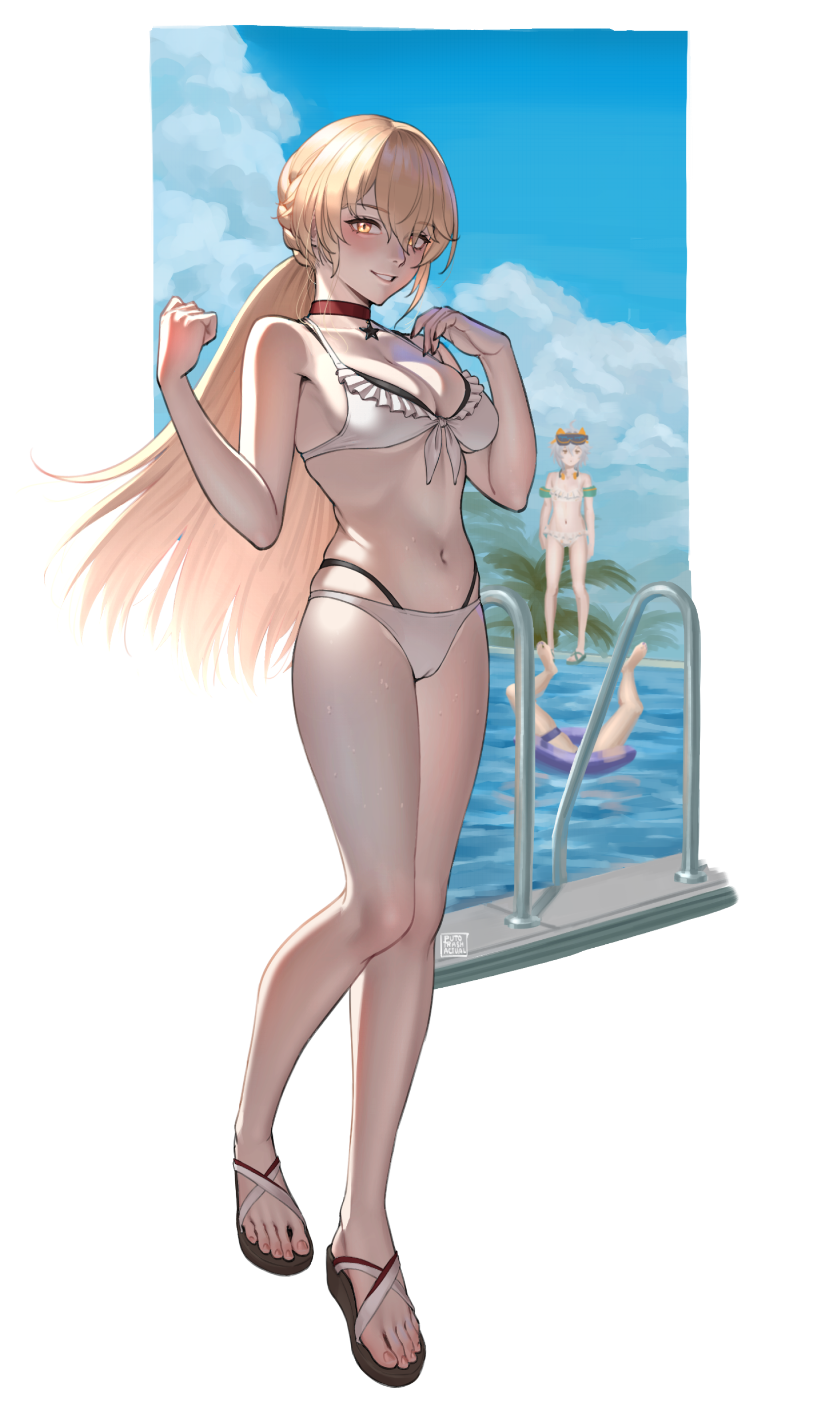 puto trash, ots-14 (girls' frontline), girls' frontline, girls' frontline 2: exilium, absurdres, character request, highres, 3girls, bare arms, bare legs, bare shoulders, bikini, black sandals, blue sky, breasts, cameltoe, choker, cleavage, cloud, day, feet, frilled bikini, frills, front-tie bikini top, front-tie top, hair between eyes, hands up, layered bikini, legs, multiple girls, navel, nose, parted lips, pool ladder, poolside, red choker, sandals, sky, smile, solo focus, stomach, swimsuit, toenails, toes, water, white bikini, white sandals