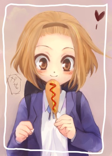 manji (nanakirio), tainaka ritsu, k-on!, bad id, bad pixiv id, lowres, 00s, 1girl, bag, brown eyes, brown hair, corn dog, female focus, gradient background, hairband, school uniform, short hair, solo
