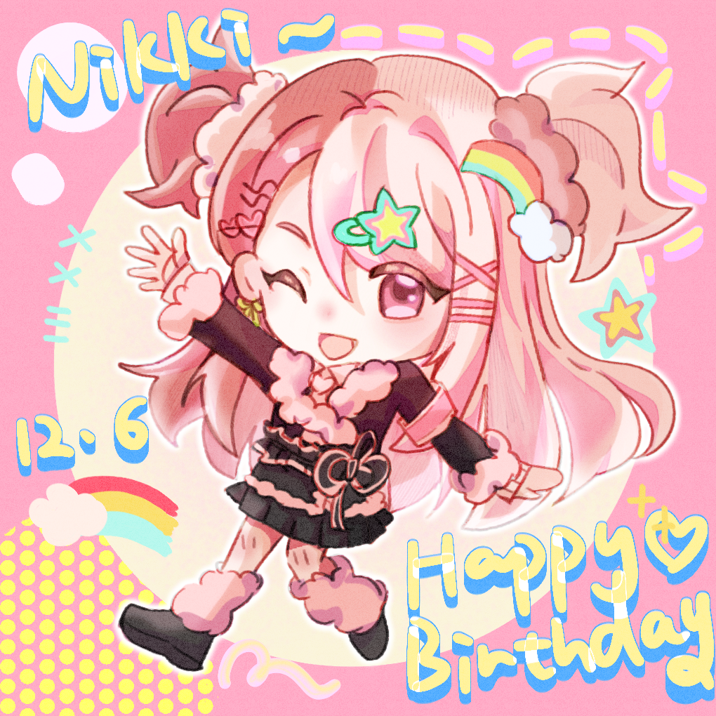 nikki (nikki), rosie sweetheart (infinity nikki), infinity nikki, nikki (series), chinese commentary, commentary request, 1girl, armband, black bow, black jacket, black shoes, black skirt, bow, character name, chibi, collared shirt, dated, dotted line, english text, frilled skirt, frills, fur-trimmed jacket, fur-trimmed sleeves, fur leg warmers, fur trim, gyaru, hair between eyes, hair ornament, hair scrunchie, hairclip, halftone, happy, happy birthday, heart, heart hair ornament, jacket, knees, leg warmers, leo0505, light blush, loafers, long hair, long sidelocks, long sleeves, medium skirt, multicolored hair, one eye closed, open mouth, outline, parallel hairclips, pink arm warmers, pink armband, pink background, pink eyes, pink hair, pink leg warmers, pink scrunchie, pink shirt, pleated skirt, rainbow hair, ribbon, ribbon earrings, scrunchie, shirt, shoes, sidelocks, skirt, smile, solo, split-color hair, star (symbol), star hair ornament, two side up, very long hair, waist bow, waving, white outline, x hair ornament, y2k fashion, yellow ribbon