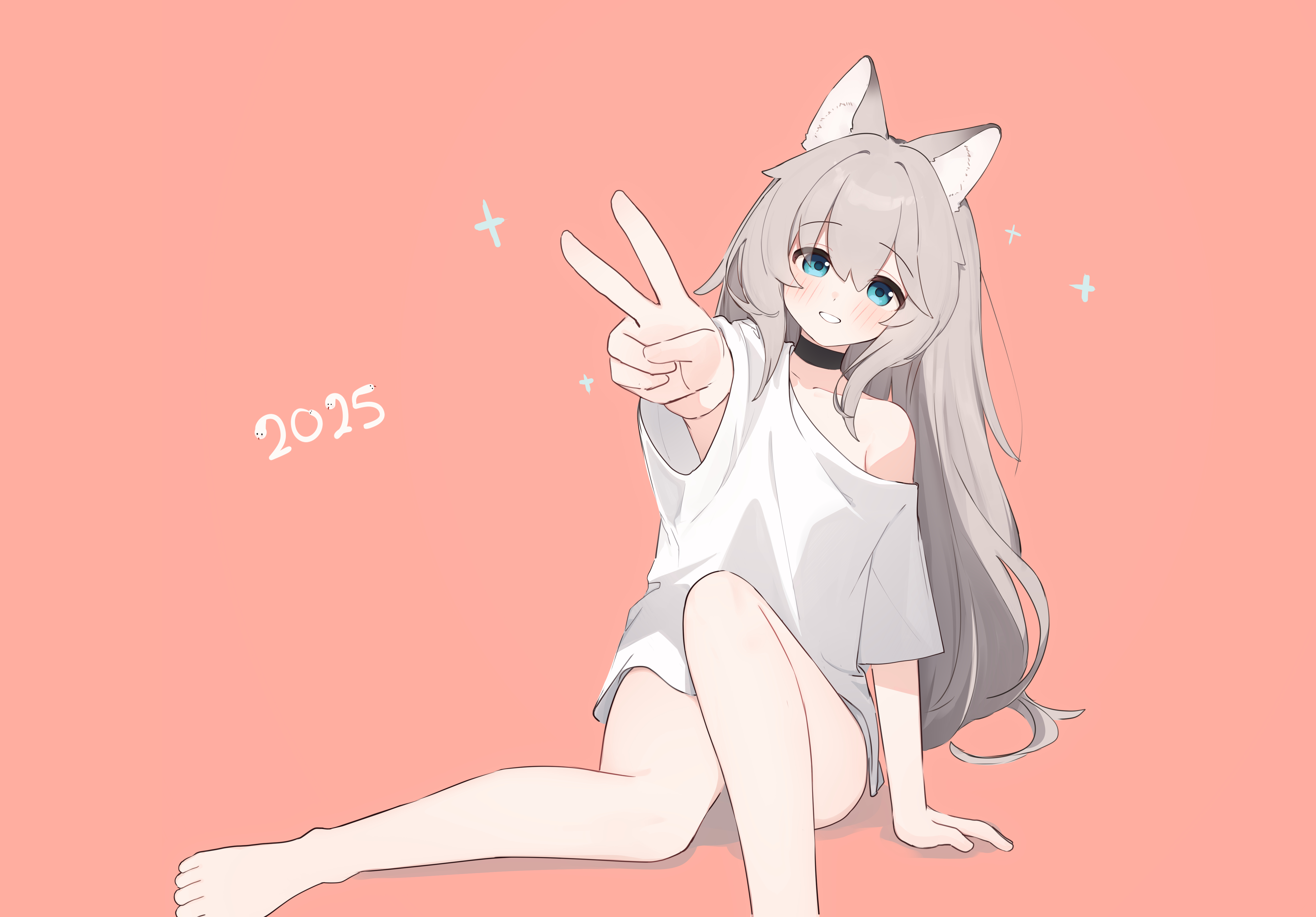 riya (01214), original, absurdres, commentary request, highres, 1girl, 2025, animal ear fluff, animal ears, bare shoulders, barefoot, black choker, blue eyes, blush, chinese zodiac, choker, grey hair, hair between eyes, knee up, long hair, looking at viewer, off shoulder, outstretched arm, pink background, shadow, shirt, short sleeves, simple background, sitting, smile, solo, v, very long hair, white shirt, year of the snake