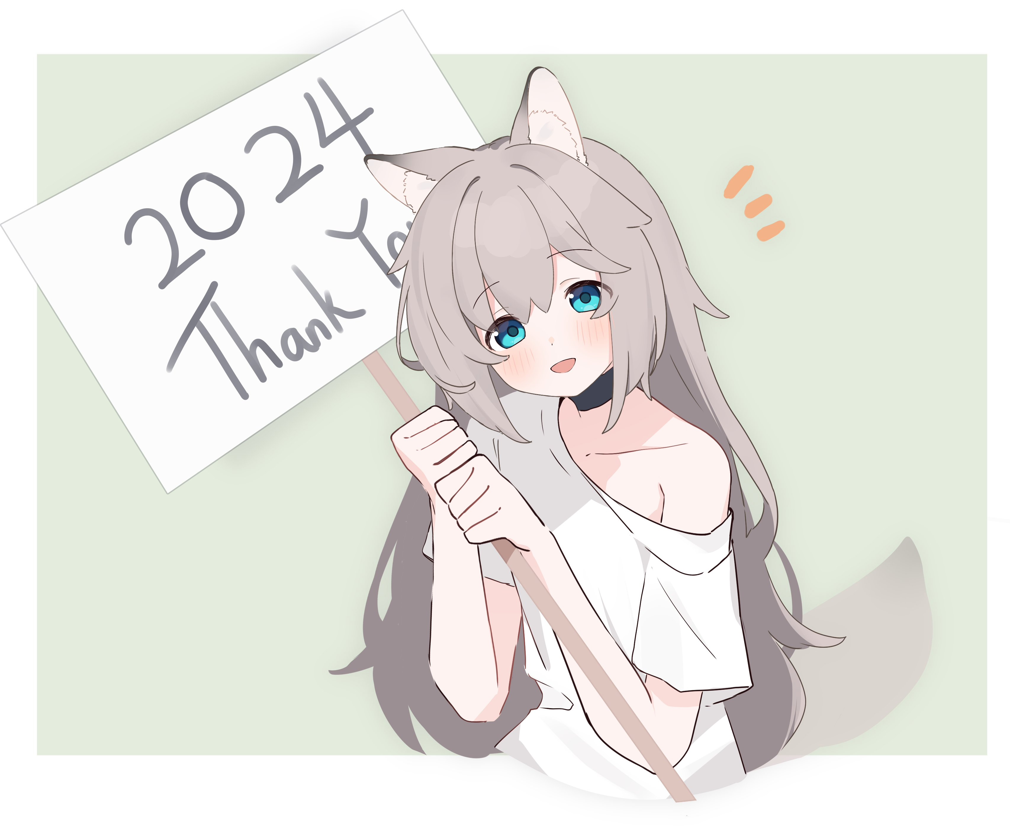 riya (01214), original, absurdres, commentary request, highres, 1girl, 2024, :d, animal ear fluff, animal ears, black choker, blue eyes, blush, border, choker, collarbone, cropped torso, grey background, grey hair, hair between eyes, holding, holding sign, long hair, looking at viewer, notice lines, off shoulder, open mouth, shirt, short hair, sign, smile, solo, tail, thank you, upper body, very long hair, white border, white shirt