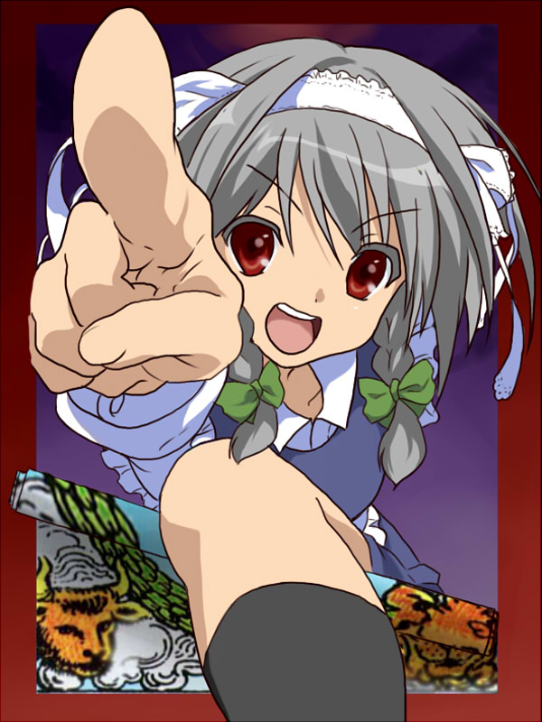 toto (hitori othello), izayoi sakuya, suzumiya haruhi, suzumiya haruhi no yuuutsu, touhou, third-party edit, 1girl, female focus, parody, pointing, red eyes, solo, white hair