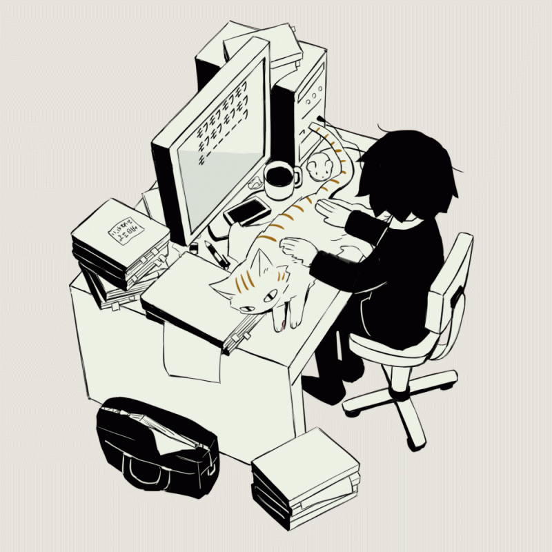 avogado6, original, animated, animated gif, commentary, 1boy, androgynous, at computer, bag, cat, cat on keyboard, chair, computer, computer mouse, cup, desk, eraser, from above, mechanical pencil, monitor, monochrome, mouse (animal), notebook, pencil, sitting, typing