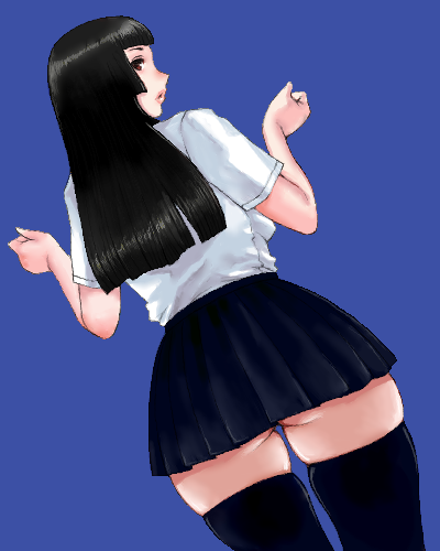 matoyama, lowres, 1girl, ass, black hair, black thighhighs, blue background, blunt bangs, brown eyes, female focus, hime cut, huge ass, long hair, looking back, microskirt, school uniform, skirt, solo, thighhighs