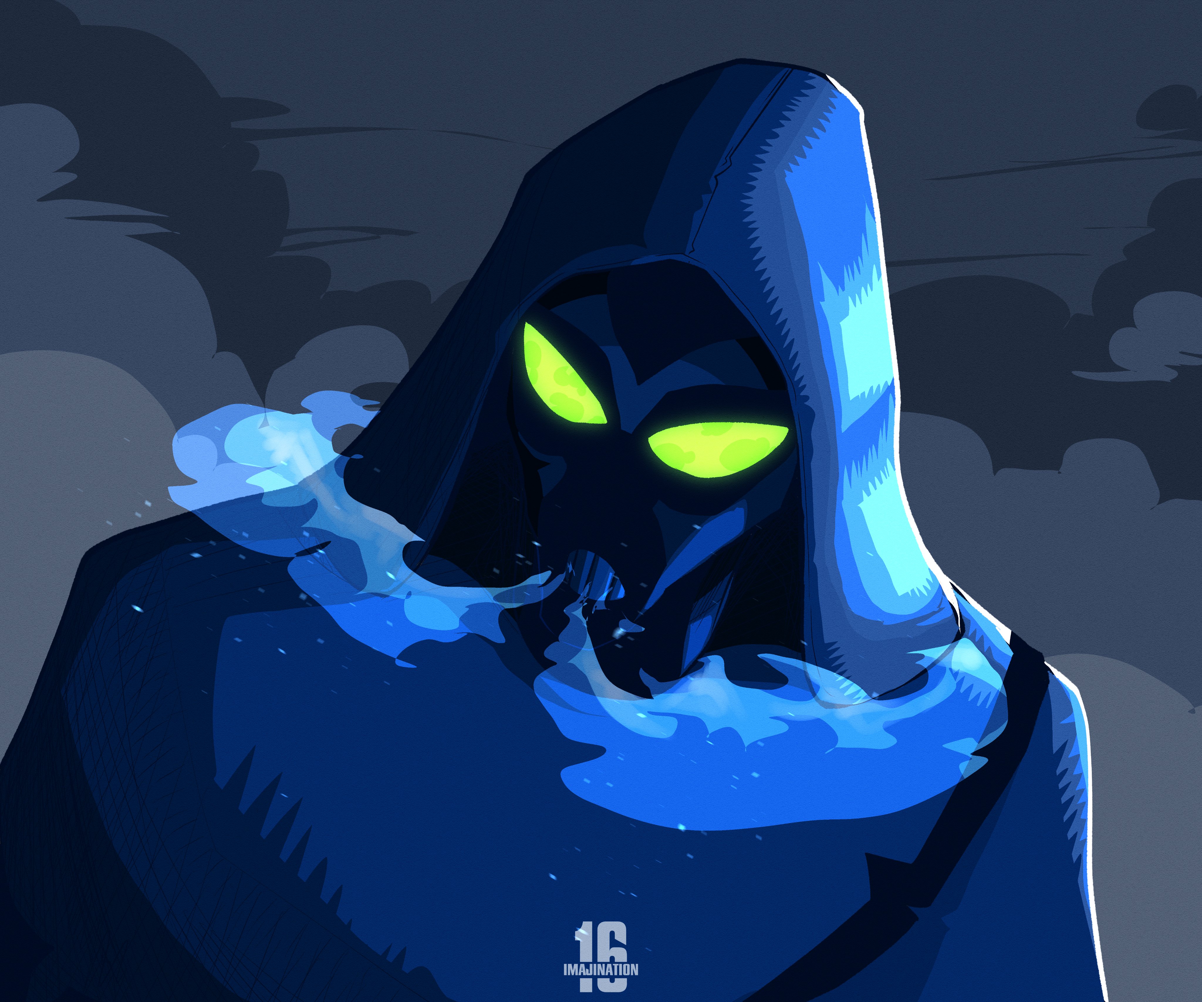ace (imajination16), big chill, ben 10, ben 10: alien force, absurdres, commentary, english commentary, highres, 1boy, alien, artist logo, artist name, blue cloak, blue skin, breath, cloak, colored sclera, colored skin, glowing, glowing eyes, green eyes, green sclera, hood, hood up, logo, male focus, no humans, no pupils, smoke, solo, upper body