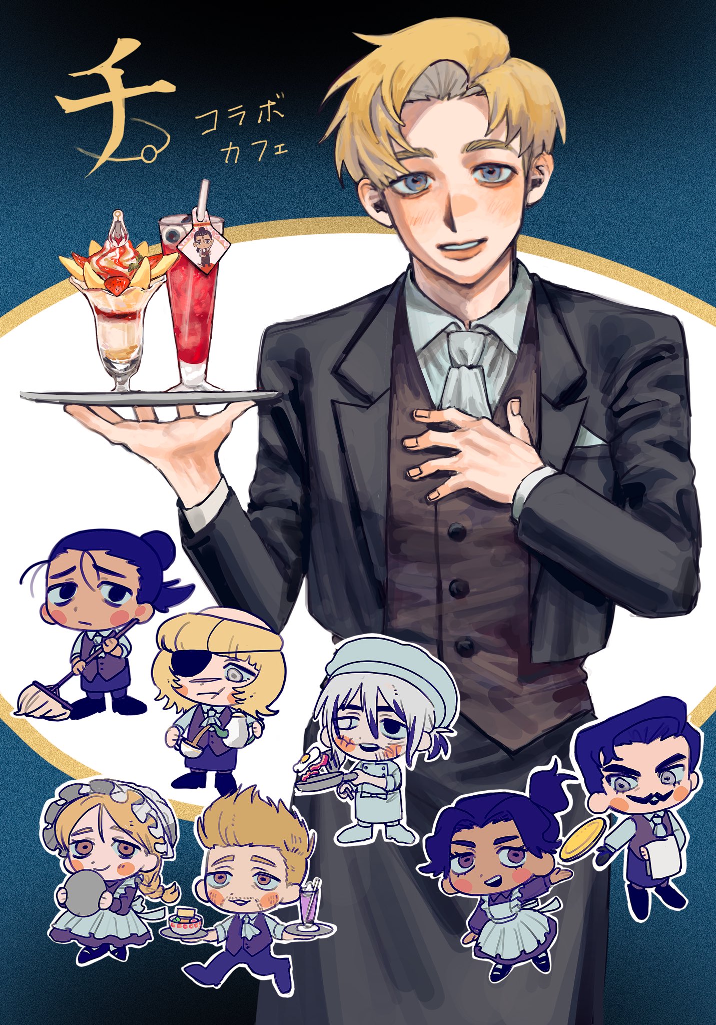 badeni, draka (chi.), jolenta, oczy, rafal (chi.), schmidt (chi.), chi.: chikyuu no undou ni tsuite, commentary request, highres, 2girls, 6+boys, apron, ascot, black apron, black eyes, black gloves, black hair, black jacket, black pantyhose, black shoes, blonde hair, blush, bonnet, braid, brown dress, brown eyes, brown vest, chef hat, chibi, chibi inset, closed mouth, coat, collared shirt, copyright name, cowboy shot, cup, dress, eyepatch, facial hair, facial scar, fancy dessert, father and daughter, food, fried egg, gloves, grey eyes, hair between eyes, hair bun, hand on own chest, hat, heterochromia, holding, holding cup, holding money, holding pan, holding plate, holding teapot, hubert (chi.), jacket, light smile, long dress, long hair, maid apron, money, multiple boys, multiple girls, mustache, mustache stubble, neckerchief, nowak (chi.), official alternate costume, open mouth, pantyhose, parfait, parted bangs, parted lips, plate, pneko, ponytail, scar, scar on cheek, scar on face, scar on mouth, scar on nose, shirt, shoes, short hair, short ponytail, single braid, smile, strawberry parfait, stubble, suit jacket, swept bangs, teacup, teapot, tonsure, towel, towel on arm, updo, vest, waist apron, waistcoat, white ascot, white bonnet, white coat, white neckerchief, white shirt, white shoes