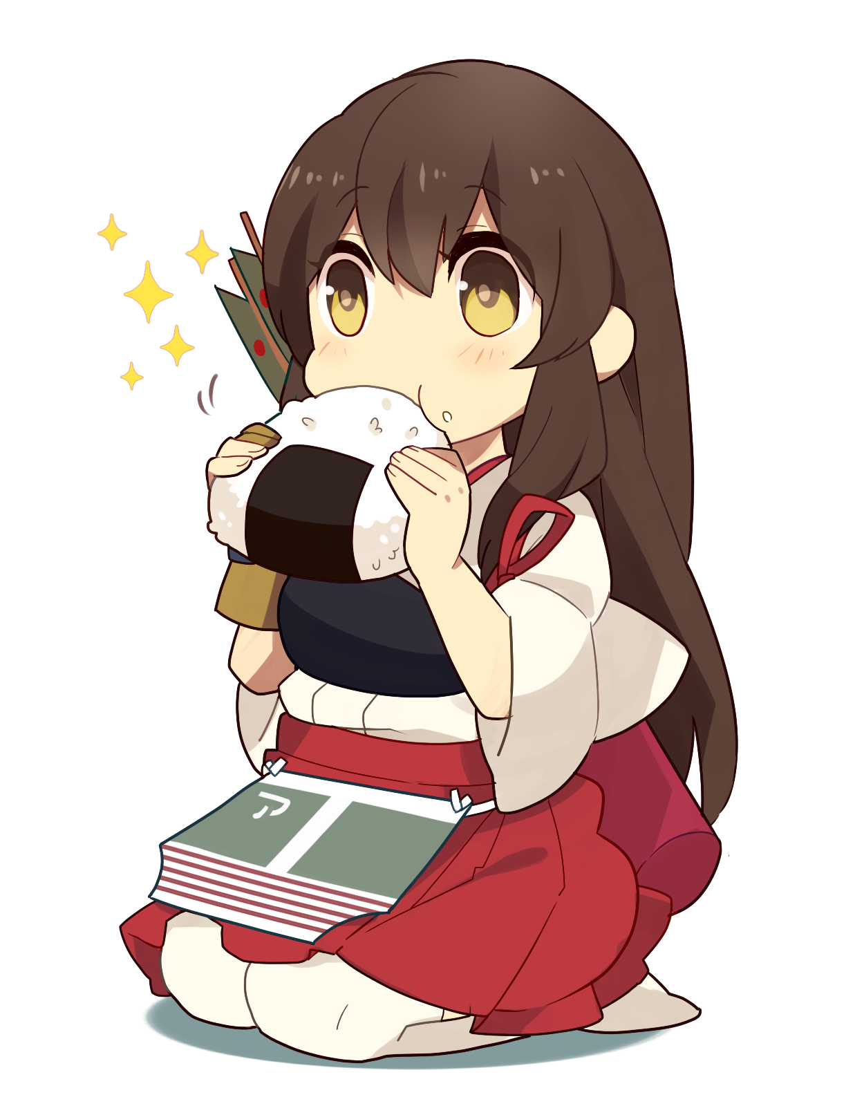 ohagi (iihatobu05), akagi (kancolle), kantai collection, commentary request, highres, 1girl, arrow (projectile), blush, brown gloves, brown hair, chibi, chibi only, eating, food, food on face, gloves, hakama, hakama skirt, holding, holding food, japanese clothes, long hair, muneate, onigiri, pantyhose, partially fingerless gloves, partly fingerless gloves, red hakama, rice, rice on face, seiza, simple background, single glove, sitting, skirt, solo, sparkle, tasuki, white background, white pantyhose, wide sleeves, yellow eyes, yugake