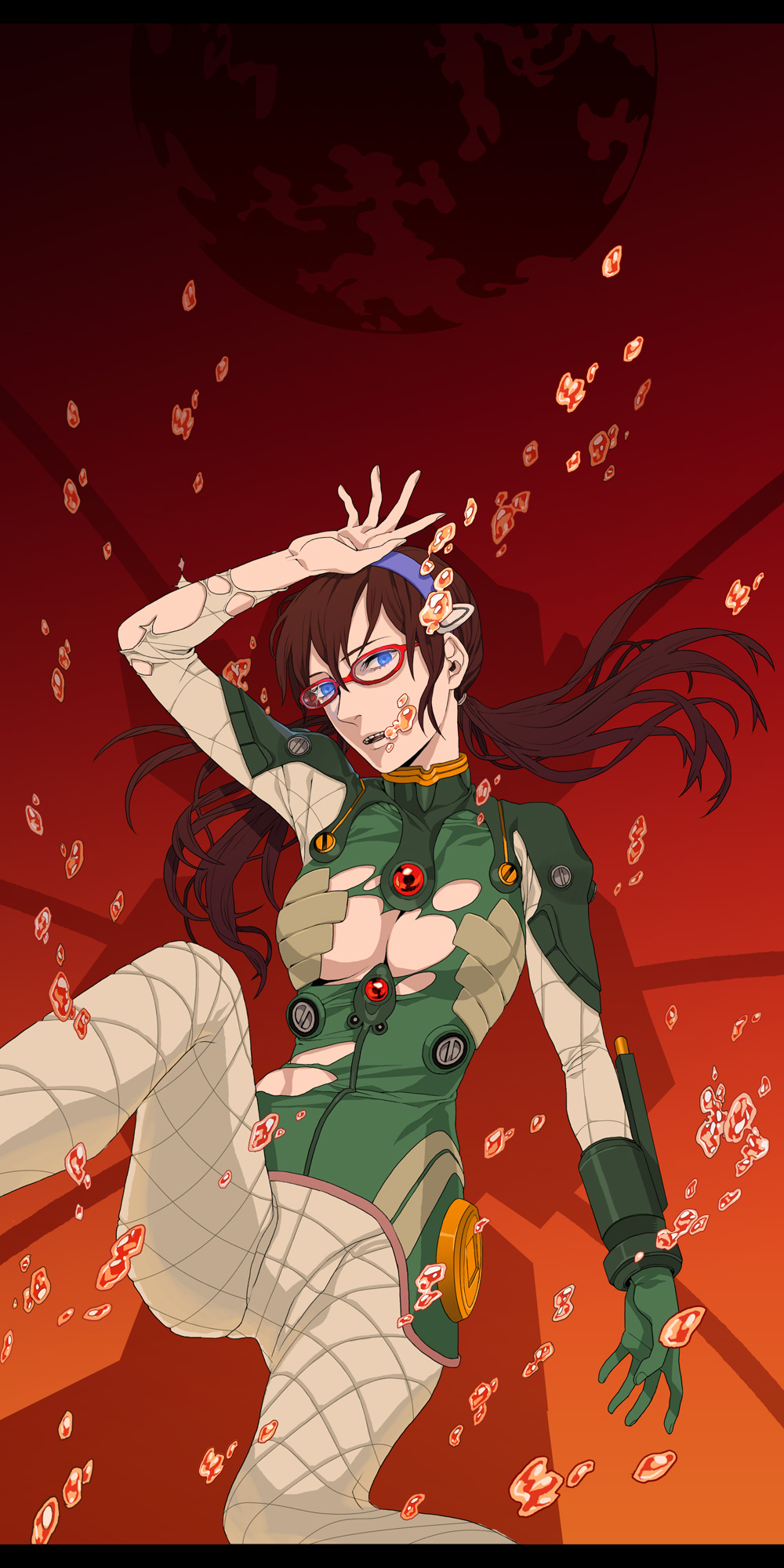 takase (harakiri), makinami mari illustrious, neon genesis evangelion, rebuild of evangelion, highres, 00s, 1girl, arm up, armor, blue eyes, bodysuit, breasts, broken eyewear, bubble, cleavage, female focus, floating hair, from above, glasses, gloves, gradient background, hairband, hand on own head, head tilt, large breasts, lcl, leg up, letterboxed, long hair, looking at viewer, low twintails, lying, mecha pilot suit, midriff, no bra, on back, open mouth, pauldrons, plugsuit (evangelion), red-framed eyewear, shoulder armor, solo, spread legs, submerged, test plugsuit (evangelion), torn bodysuit, torn clothes, turtleneck, twintails, vambraces