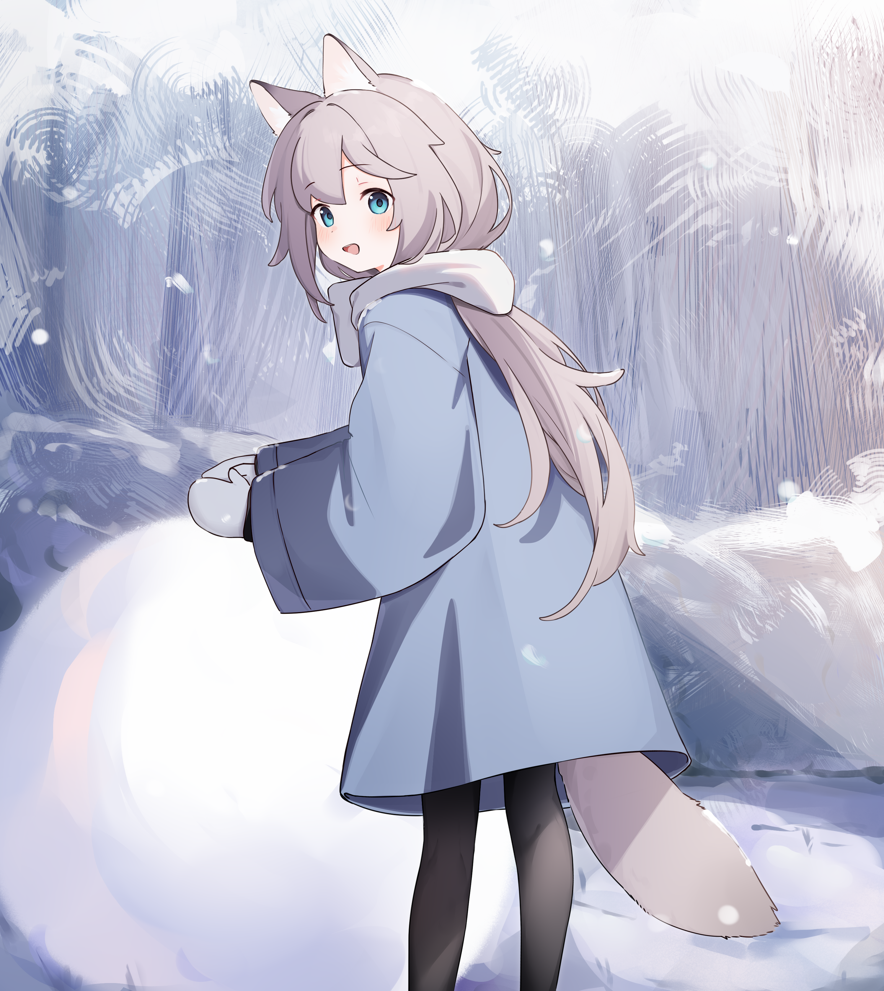 riya (01214), original, absurdres, commentary request, highres, 1girl, :d, animal ear fluff, animal ears, black pantyhose, blue coat, blue eyes, blush, coat, day, feet out of frame, grey hair, grey mittens, hair between eyes, long hair, long sleeves, mittens, open mouth, outdoors, pantyhose, scarf, smile, snow, snowball, snowing, solo, standing, tail, very long hair, white scarf, wide sleeves, winter clothes