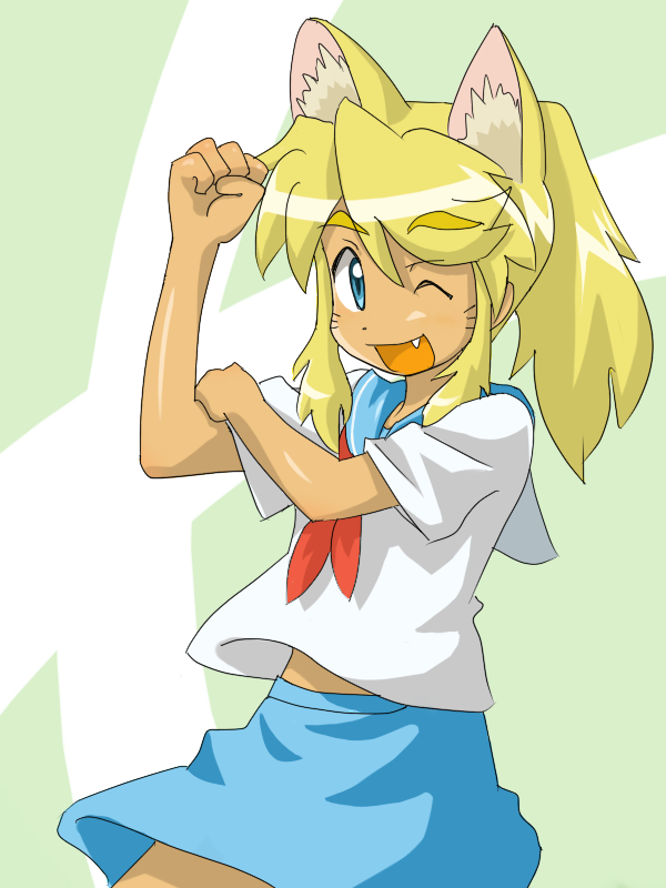 liru, renkin san-kyuu magical pokaan, animal ears, blonde hair, blue eyes, dark skin