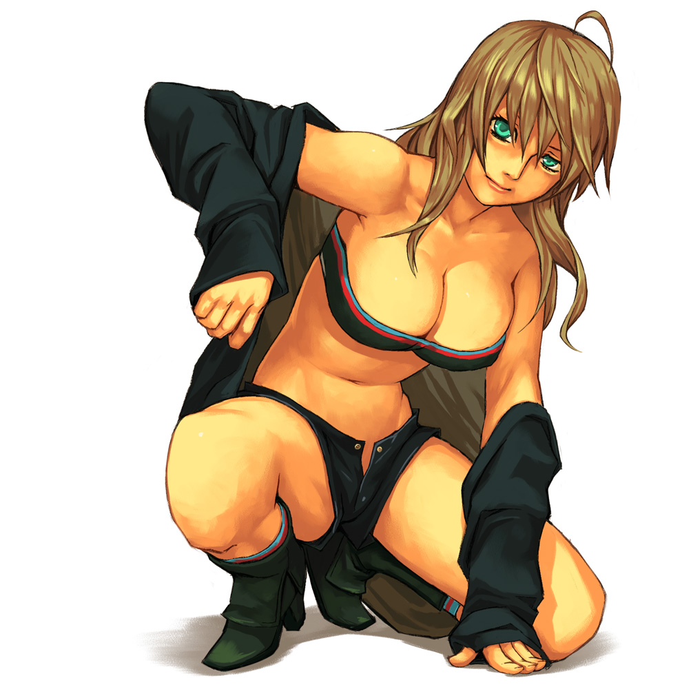 mustard seeds, original, bad tag, ahoge, boots, breasts, brown hair, cleavage, green eyes, navel, shorts, solo, unzipped