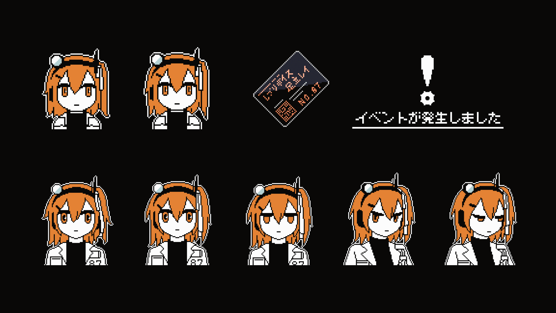 avogado6, adachi rei, a.i. voice, utau, animated, animated gif, commentary request, highres, !, 1girl, adachi rei (avogado6), annoyed, blinking, blush, bouncing, card, crossed bangs, embarrassed, expressionless, hair between eyes, hair ornament, hair ribbon, hairclip, headlamp, headset, jacket, jitome, limited palette, looking at viewer, medium hair, multiple expressions, multiple views, open clothes, open jacket, orange eyes, orange hair, pixel art, portrait, radio antenna, ribbon, side ponytail, sigh, spinning, turtleneck, white ribbon