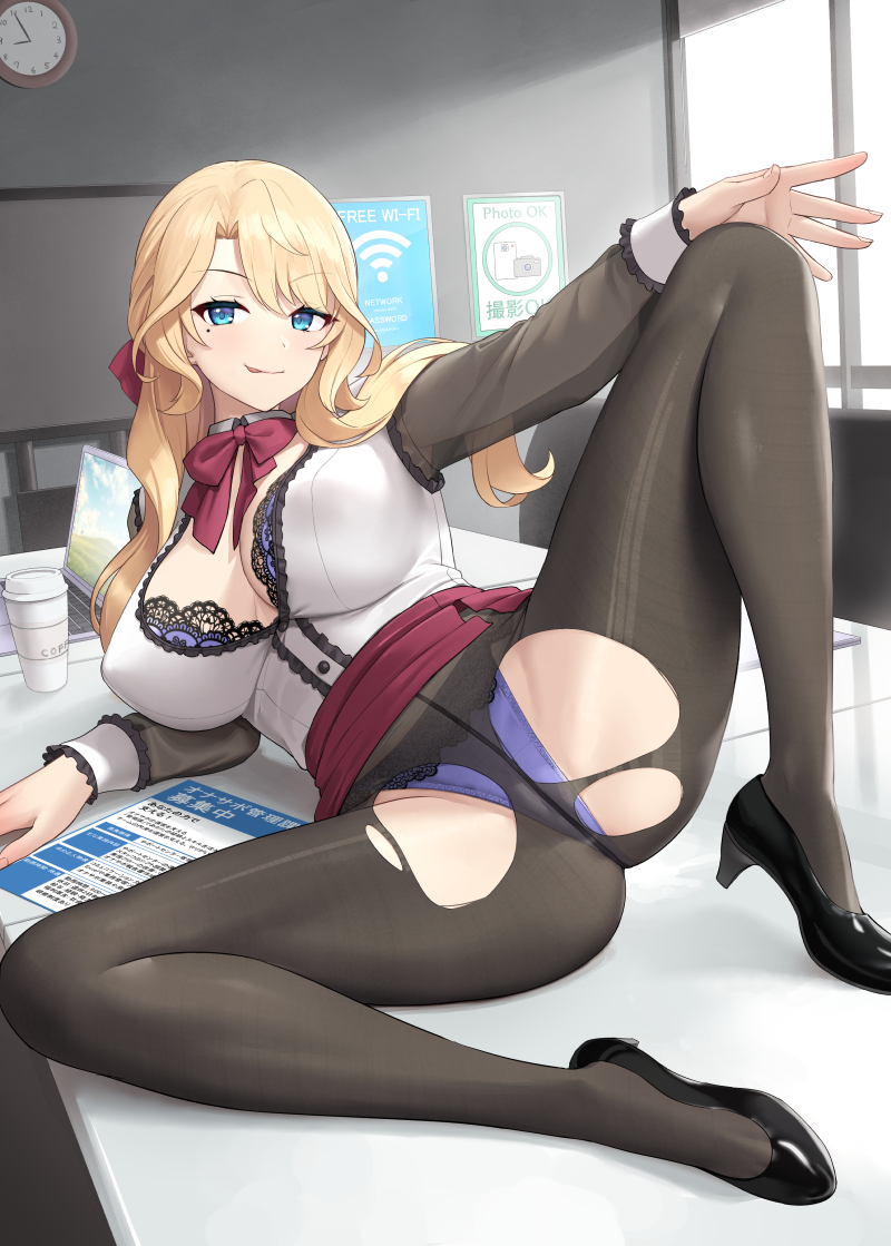 yumehiko, original, commentary request, 1girl, :p, black shoes, blonde hair, blue eyes, bra, breasts, clock, collared shirt, computer, cup, disposable cup, hair ribbon, high heels, indoors, lace, lace-trimmed bra, lace trim, laptop, large breasts, licking lips, long hair, looking at viewer, office lady, on table, over-kneehighs, panties, pantyhose, pantyshot, poster (object), purple bra, purple panties, red ribbon, red skirt, ribbon, shirt, shoes, skirt, solo, table, thighhighs, tongue, tongue out, torn clothes, torn pantyhose, underwear, wall clock, white shirt, window