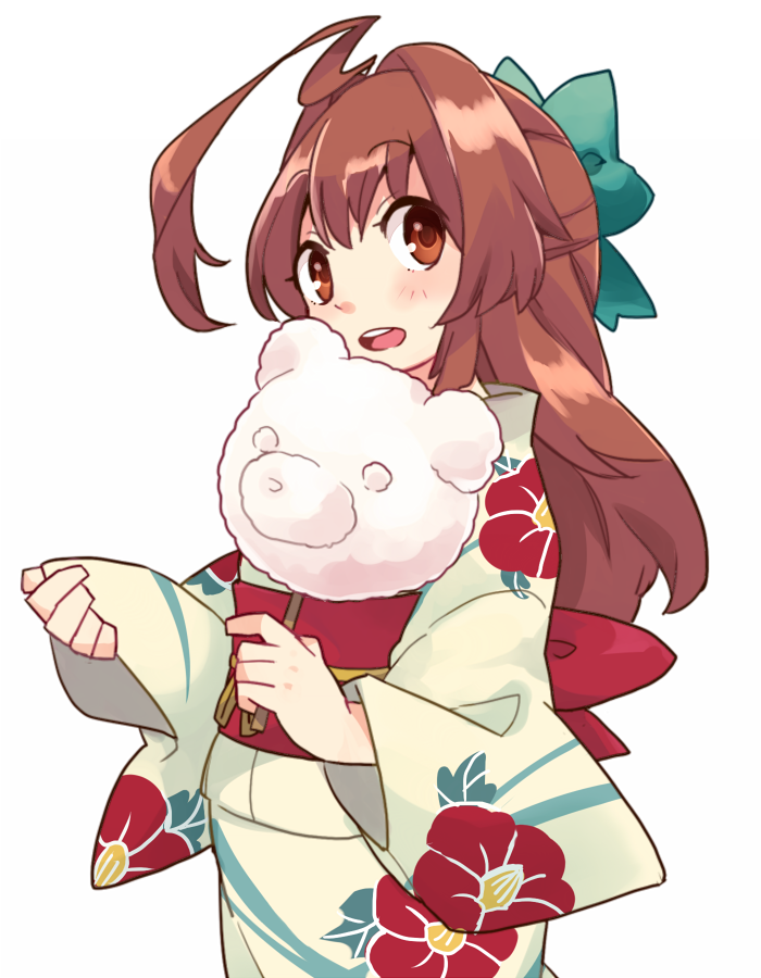 ohagi (iihatobu05), kuma (kancolle), kuma (yukata) (kancolle), kantai collection, commentary request, 1girl, ahoge, blush, bow, brown eyes, brown hair, cotton candy, floral print, food, green bow, hair between eyes, hair bow, holding, holding cotton candy, holding food, huge ahoge, japanese clothes, kimono, long hair, long sleeves, looking at viewer, obi, open mouth, sash, simple background, solo, white background, wide sleeves, yukata