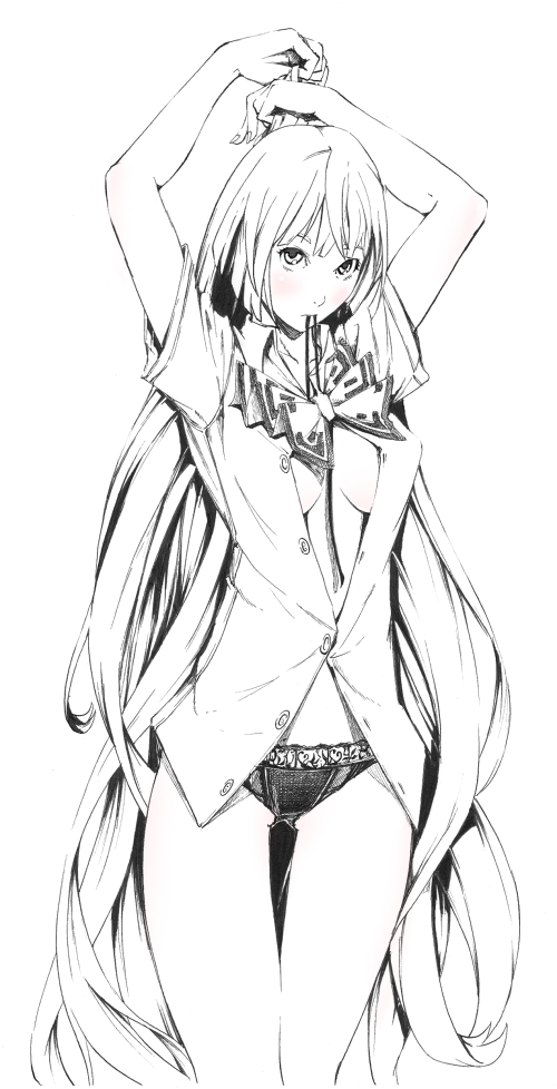 sousou (sousouworks), fujiwara no mokou, touhou, bad id, bad pixiv id, 1girl, adjusting hair, arms up, black panties, breasts, cleavage, cowboy shot, dress shirt, dressing, female focus, hime cut, legs, long hair, medium breasts, monochrome, mouth hold, no bra, open clothes, open shirt, panties, ribbon, shirt, solo, spot color, standing, underwear, very long hair