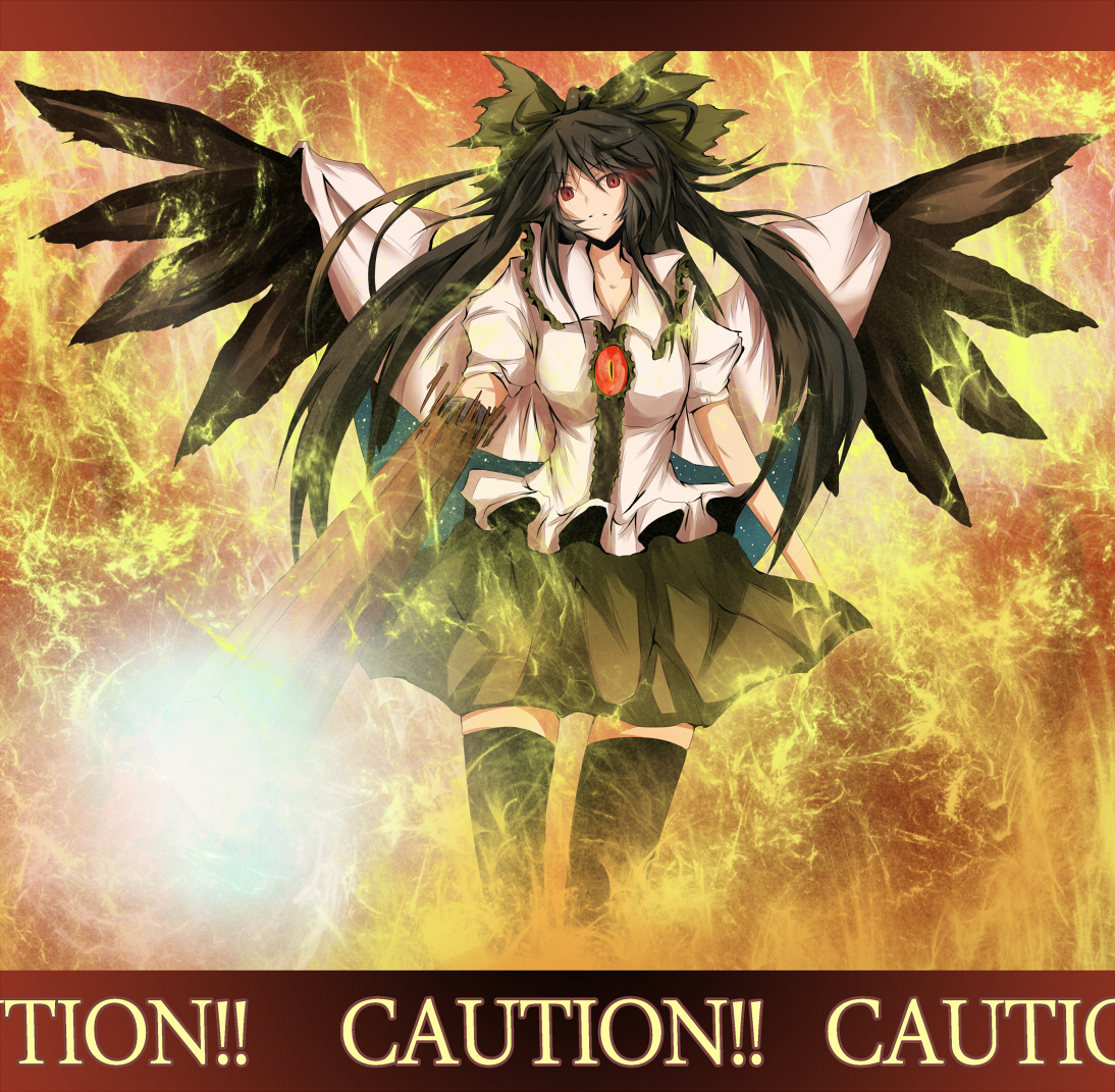 ram hachimin, reiuji utsuho, touhou, 1girl, black hair, bow, breasts, caution, female focus, long hair, red eyes, skirt, solo, thighhighs, wings