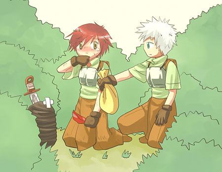 novice (ragnarok online), pupa (ragnarok online), ragnarok online, commentary request, lowres, 2boys, brown eyes, brown gloves, brown pants, bush, chest guard, closed mouth, dagger, dated commentary, full body, gloves, green eyes, green shirt, kneeling, knife, looking at another, male focus, multiple boys, oomojiya, outdoors, pants, red hair, shirt, short hair, short sleeves, weapon, white hair