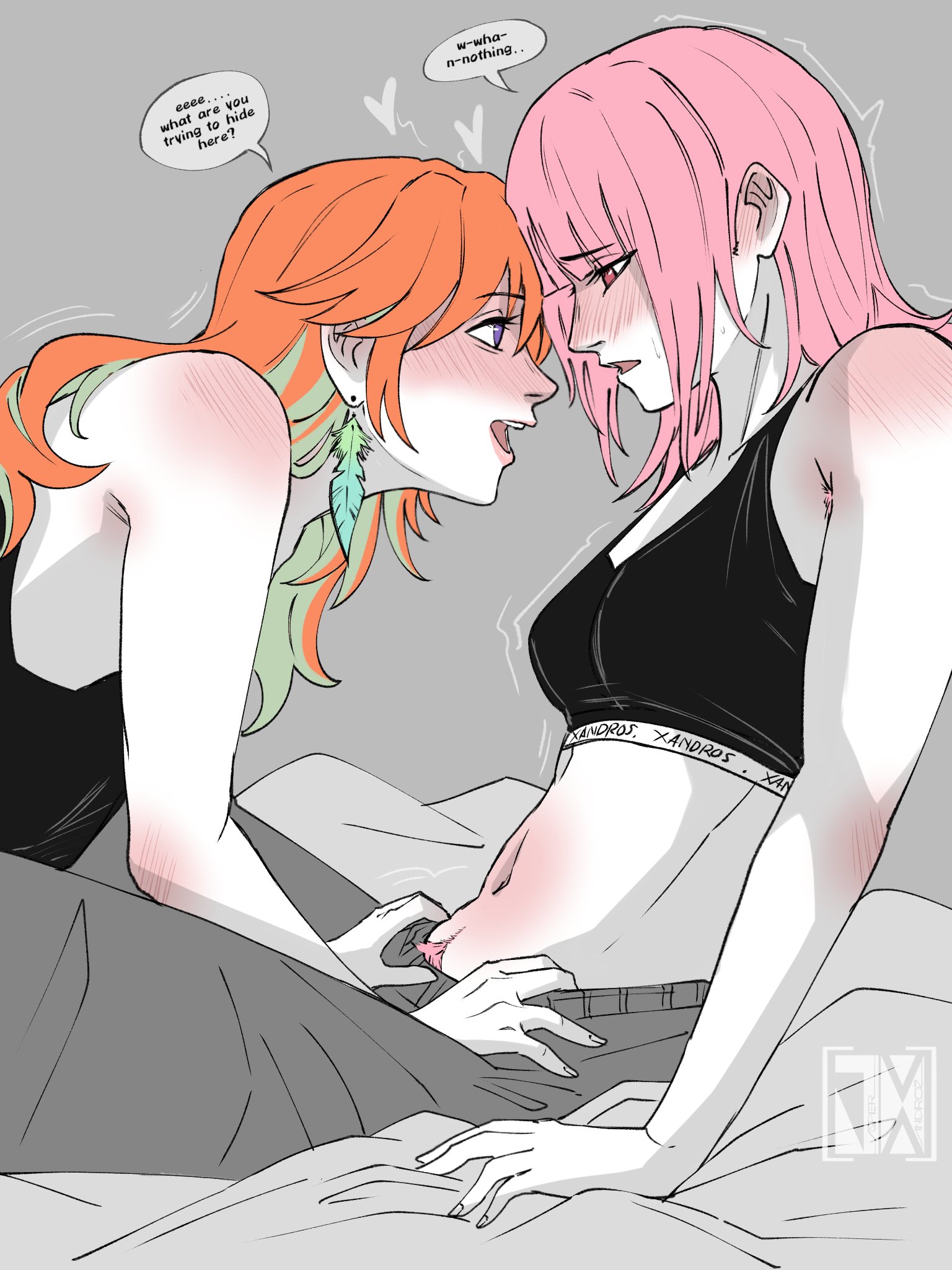 jasper xandros, mori calliope, takanashi kiara, hololive, hololive english, commentary, highres, symbol-only commentary, 2girls, alternate costume, armpit hair, blush, breasts, collarbone, couple, earrings, english text, feather earrings, feathers, female pubic hair, green hair, jewelry, large breasts, long hair, multicolored hair, multiple girls, navel, open mouth, orange hair, pink hair, pubic hair, pubic hair peek, purple eyes, smile, sports bra, virtual youtuber, yuri