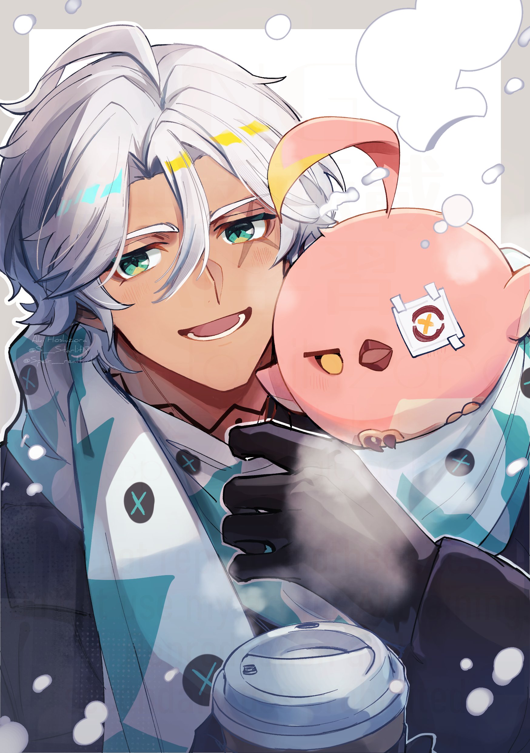 cacucu (genshin impact), ifa (genshin impact), genshin impact, absurdres, commentary request, highres, 1boy, aqua eyes, black gloves, black jacket, cup, dark-skinned male, dark skin, gloves, holding, holding cup, jacket, male focus, multicolored scarf, neck tattoo, open mouth, scarf, short hair, solo, starlit 16sky, tan, tattoo, white hair