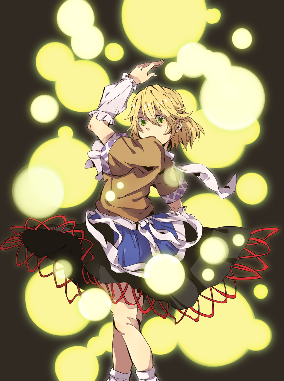 komura, mizuhashi parsee, touhou, bad id, bad pixiv id, highres, 1girl, arm warmers, blonde hair, female focus, green eyes, scarf, short hair, solo, standing