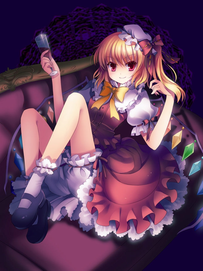 rie (reverie), flandre scarlet, touhou, bad id, bad pixiv id, 1girl, blonde hair, cup, drinking glass, female focus, hat, mary janes, ponytail, red eyes, shoes, short hair, side ponytail, solo, wine glass, wings