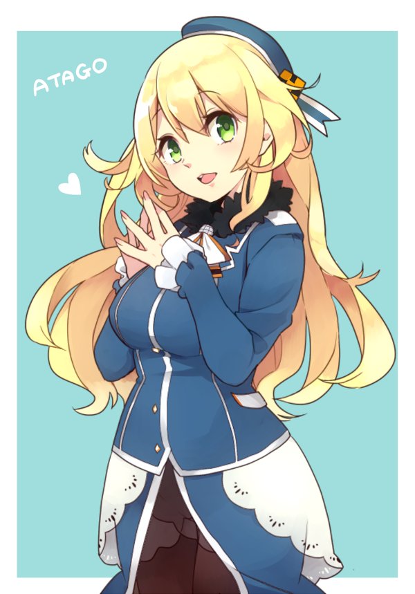 ohagi (iihatobu05), atago (kancolle), kantai collection, commentary request, 1girl, beret, blonde hair, blue hat, blue jacket, blush, breasts, brown pantyhose, character name, green eyes, hair between eyes, hat, heart, jacket, large breasts, long hair, long sleeves, looking at viewer, military uniform, open mouth, own hands together, pantyhose, simple background, solo, steepled fingers