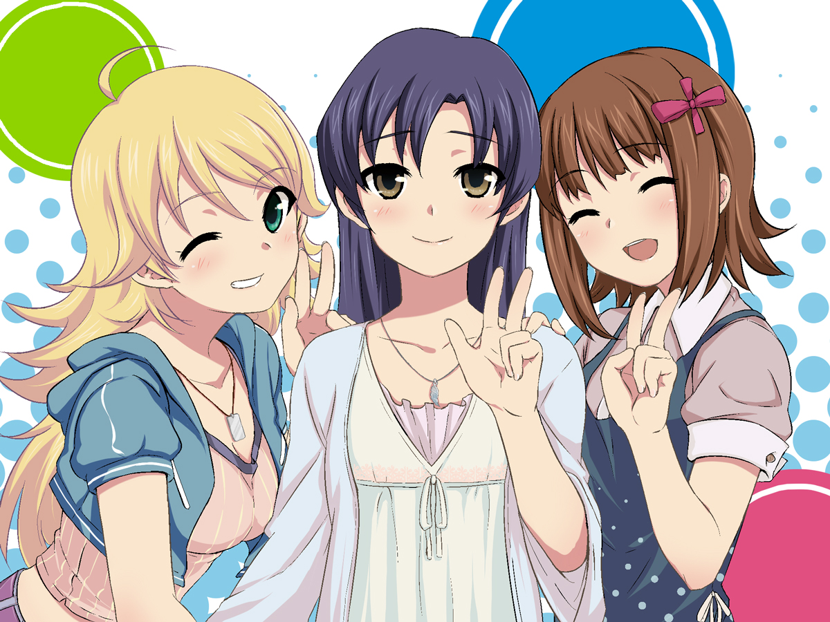 tokita arumi, amami haruka, hoshii miki, kisaragi chihaya, idolmaster, idolmaster (classic), 00s, 3girls, ahoge, black hair, blonde hair, brown hair, green eyes, grin, jewelry, long hair, multiple girls, necklace, one eye closed, smile, v, wink