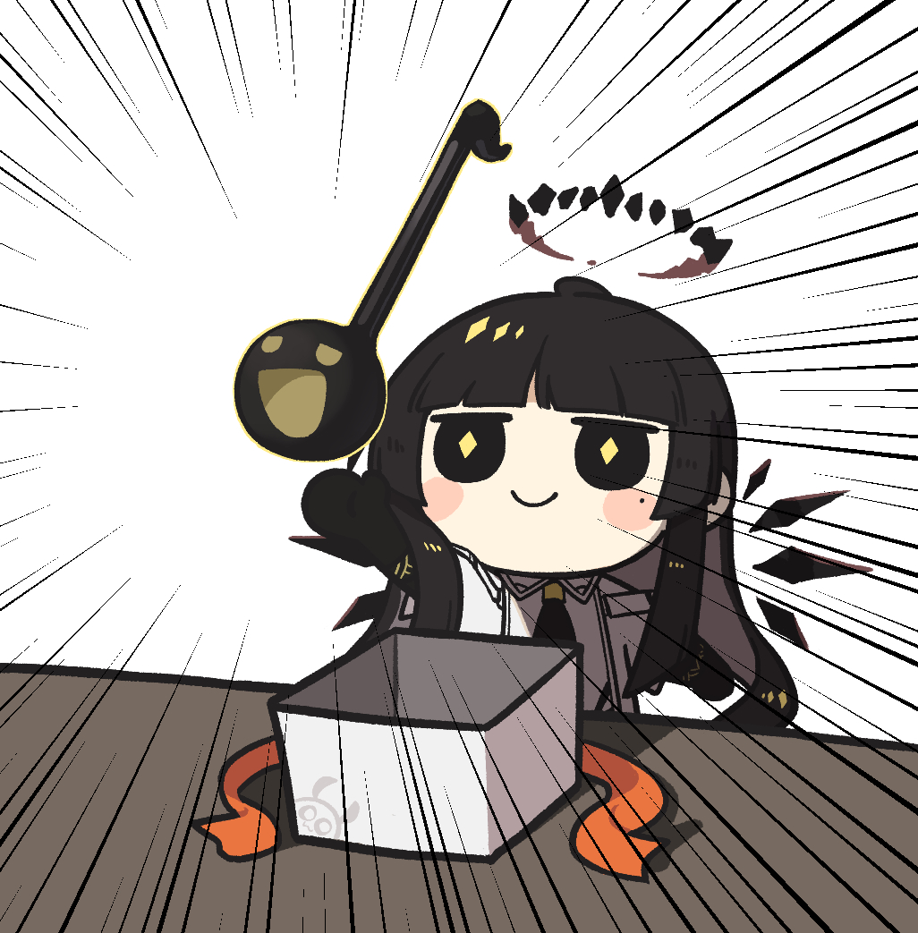 mothkoisi, virtuosa (arknights), arknights, commentary, symbol-only commentary, 1girl, black eyes, black hair, black halo, black wings, blush stickers, box, chibi, detached wings, diamond-shaped pupils, diamond (shape), emphasis lines, gift, gift box, halo, hime cut, jacket, long hair, otamatone, smile, solo, symbol-shaped pupils, white jacket, wings, yellow pupils