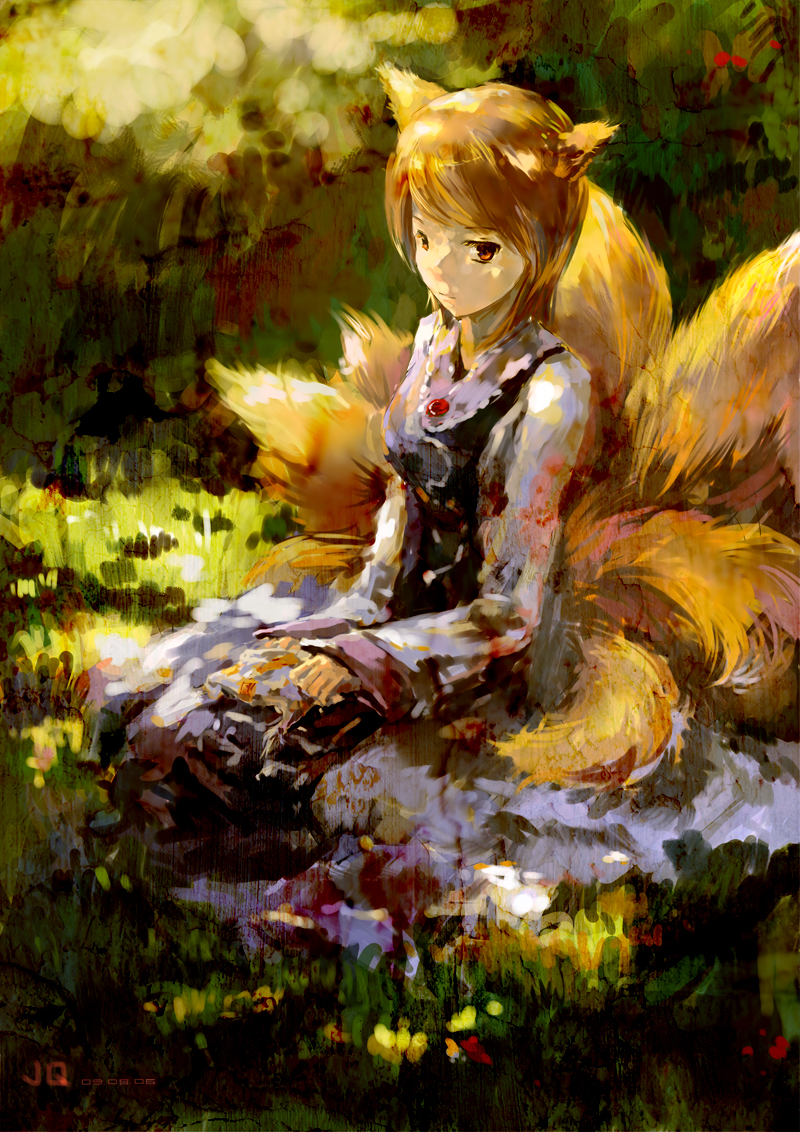 jq3c273, yakumo ran, touhou, bad id, bad pixiv id, 1girl, animal ears, blonde hair, female focus, fox ears, fox tail, grass, hat, holding, holding unworn clothes, holding unworn hat, kitsune, kyuubi, multiple tails, no headwear, short hair, sitting, solo, tail, unworn hat, unworn headwear