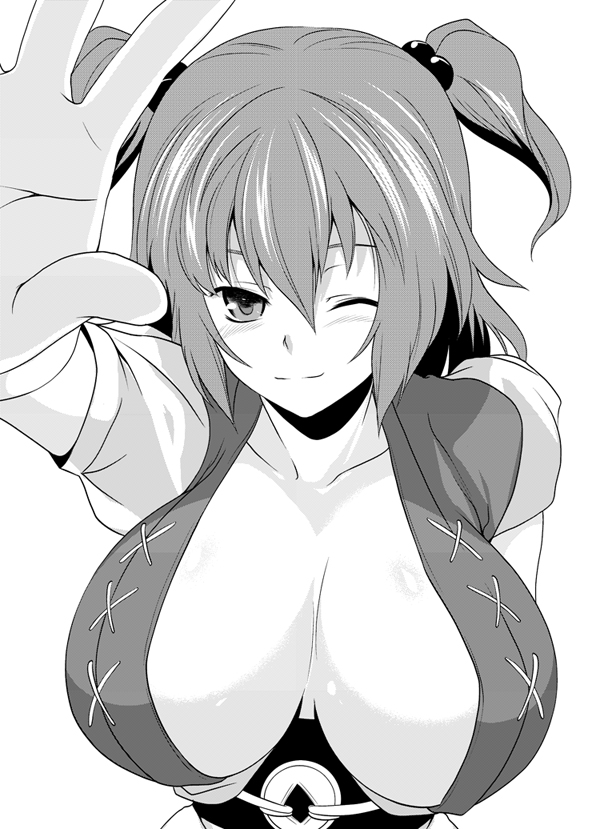 soba (saz), onozuka komachi, touhou, 1girl, breasts, breasts apart, cleavage, female focus, greyscale, hair bobbles, hair ornament, huge breasts, monochrome, one eye closed, solo, twintails, two side up, wink