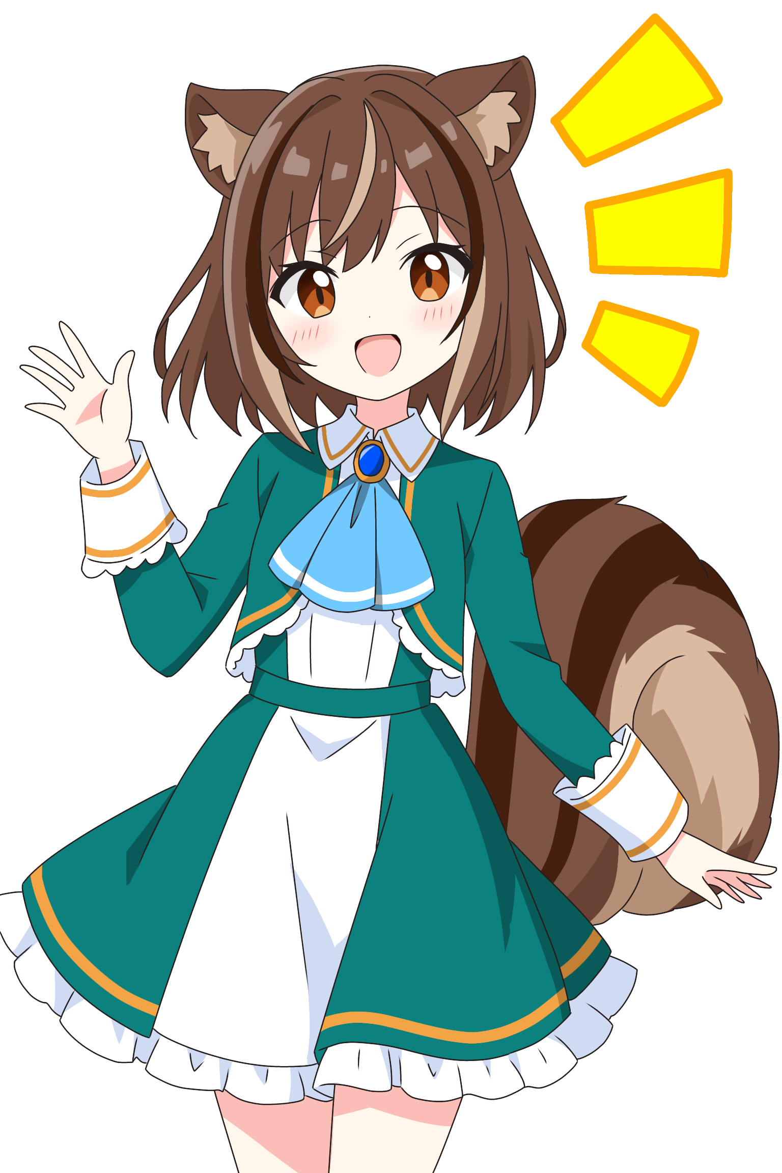 kotatsu-mazoku, original, commentary request, highres, 1girl, :d, animal ear fluff, animal ears, ascot, blue ascot, blush, brown hair, cowboy shot, dot nose, dress, frilled dress, frills, green dress, hand up, long sleeves, looking at viewer, notice lines, open mouth, short hair, simple background, smile, solo, squirrel ears, squirrel girl, squirrel tail, tail, white background