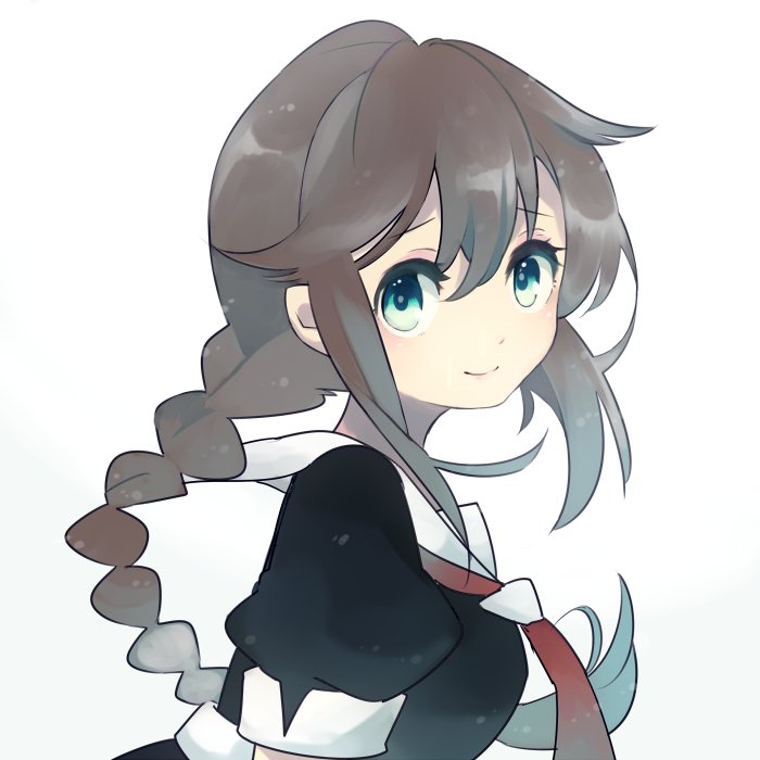 ohagi (iihatobu05), shigure (kancolle), kantai collection, commentary request, 1girl, blue eyes, braid, breasts, brown hair, closed mouth, from side, gradient background, hair between eyes, long hair, looking at viewer, medium breasts, neckerchief, red neckerchief, sailor collar, school uniform, serafuku, short sleeves, simple background, single braid, smile, solo, upper body, white background, white sailor collar